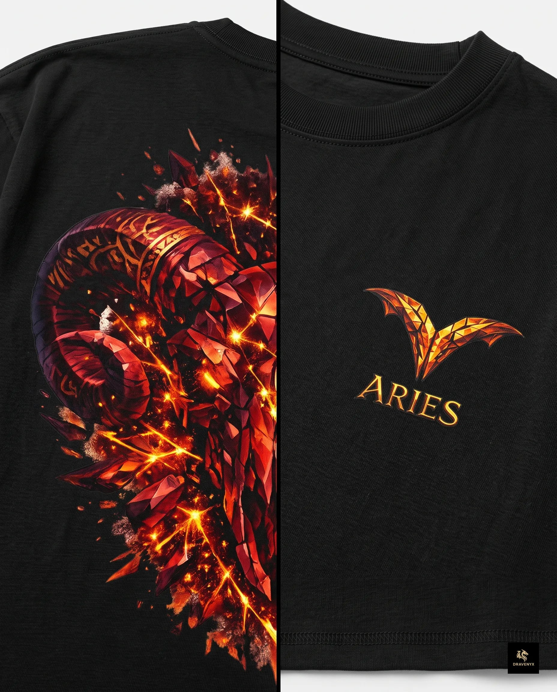 DRAVENYX® Aries Infernal Ram Oversized Tee in Black — front view featuring left-chest crystalline Aries wing-mark emblem in molten amber and iron tones — back view showing full DTF print of infernal crystal ram skull with rune-inscribed curling horns and golden ember burst