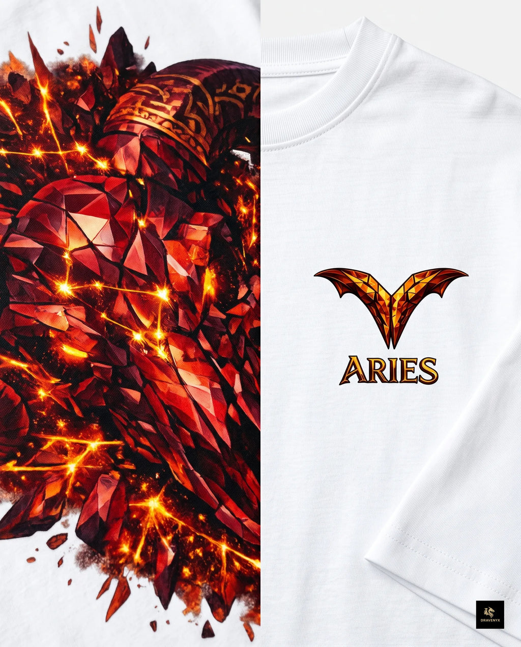 DRAVENYX® Aries Infernal Ram Oversized Tee in White — front view featuring left-chest crystalline Aries wing-mark emblem in molten amber and iron tones — back view showing full DTF print of infernal crystal ram skull with rune-inscribed curling horns and golden ember burst