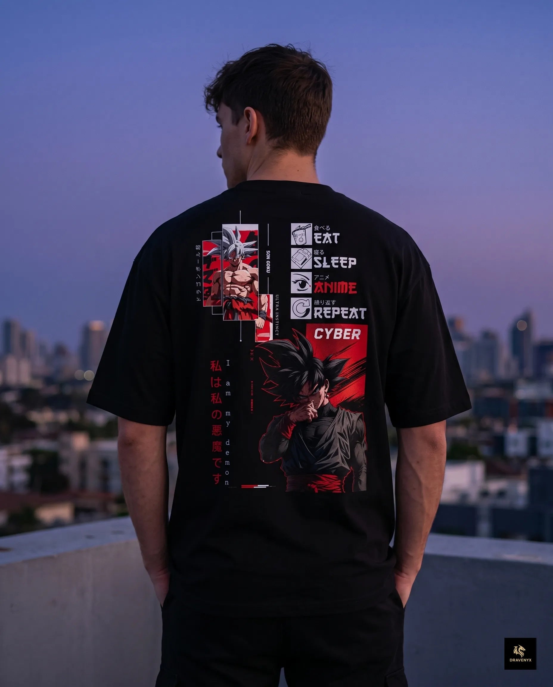 DRAVENYX Cyber Instinct oversized anime graphic tee in black