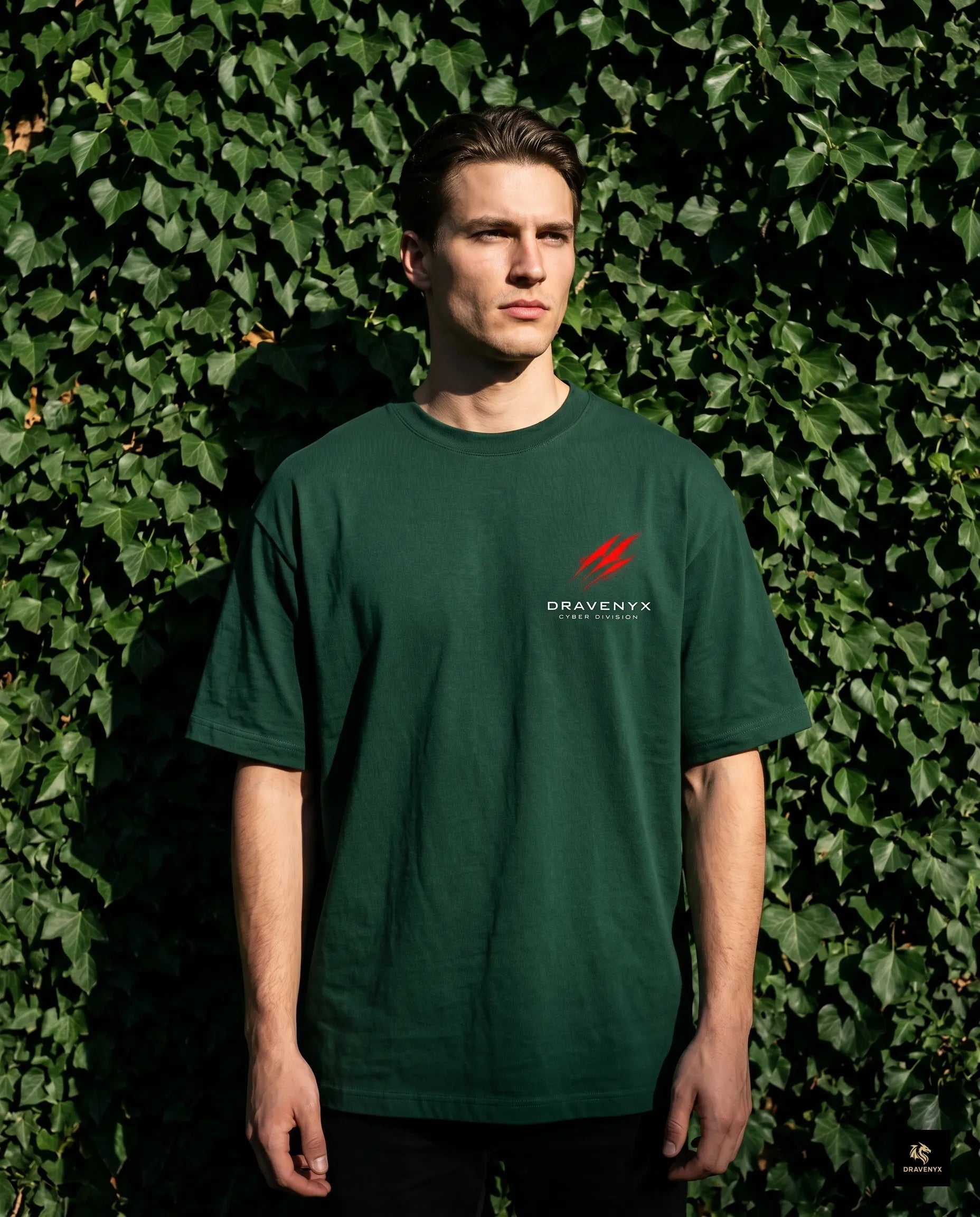 DRAVENYX Cyber Instinct oversized anime graphic tee in bottle green