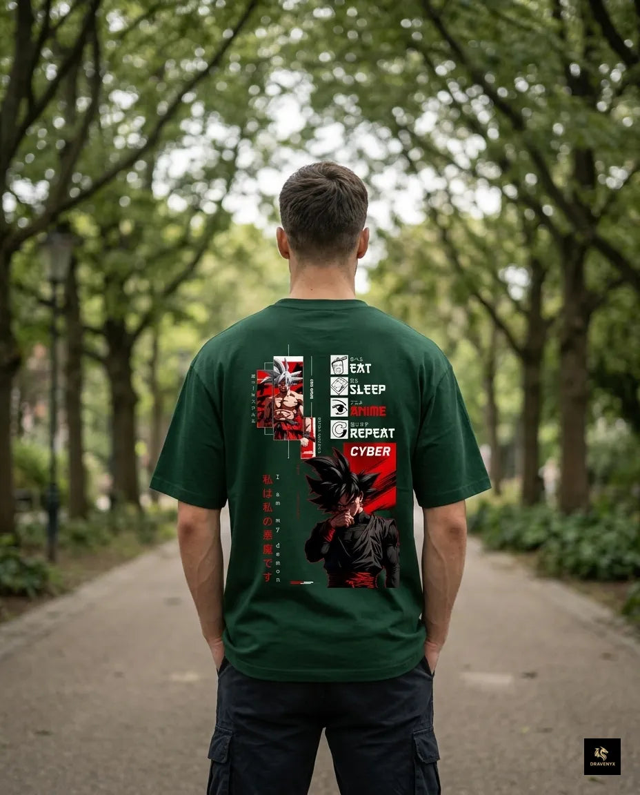 DRAVENYX Cyber Instinct oversized anime graphic tee in bottle green