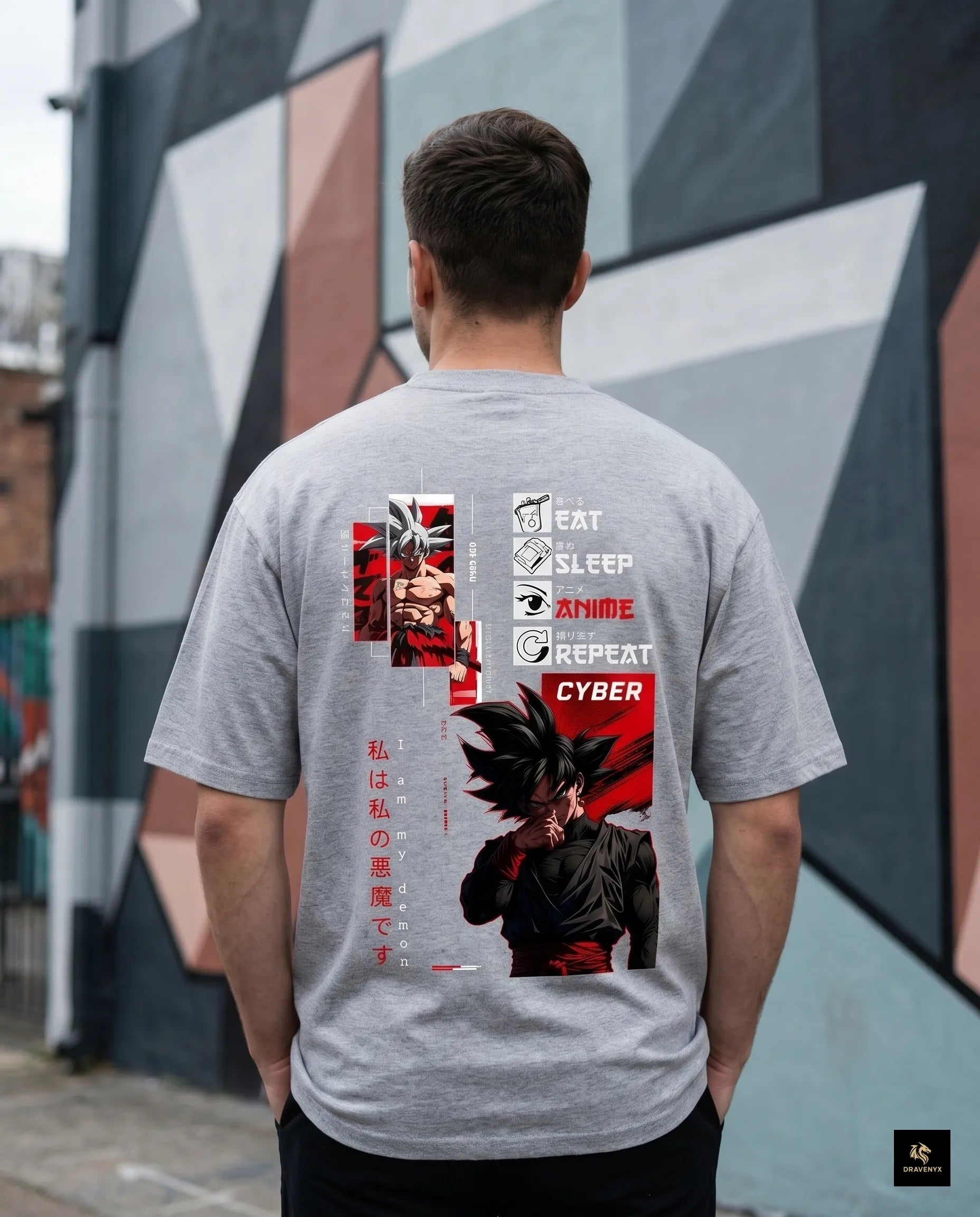 DRAVENYX Cyber Instinct oversized anime graphic tee in grey melange