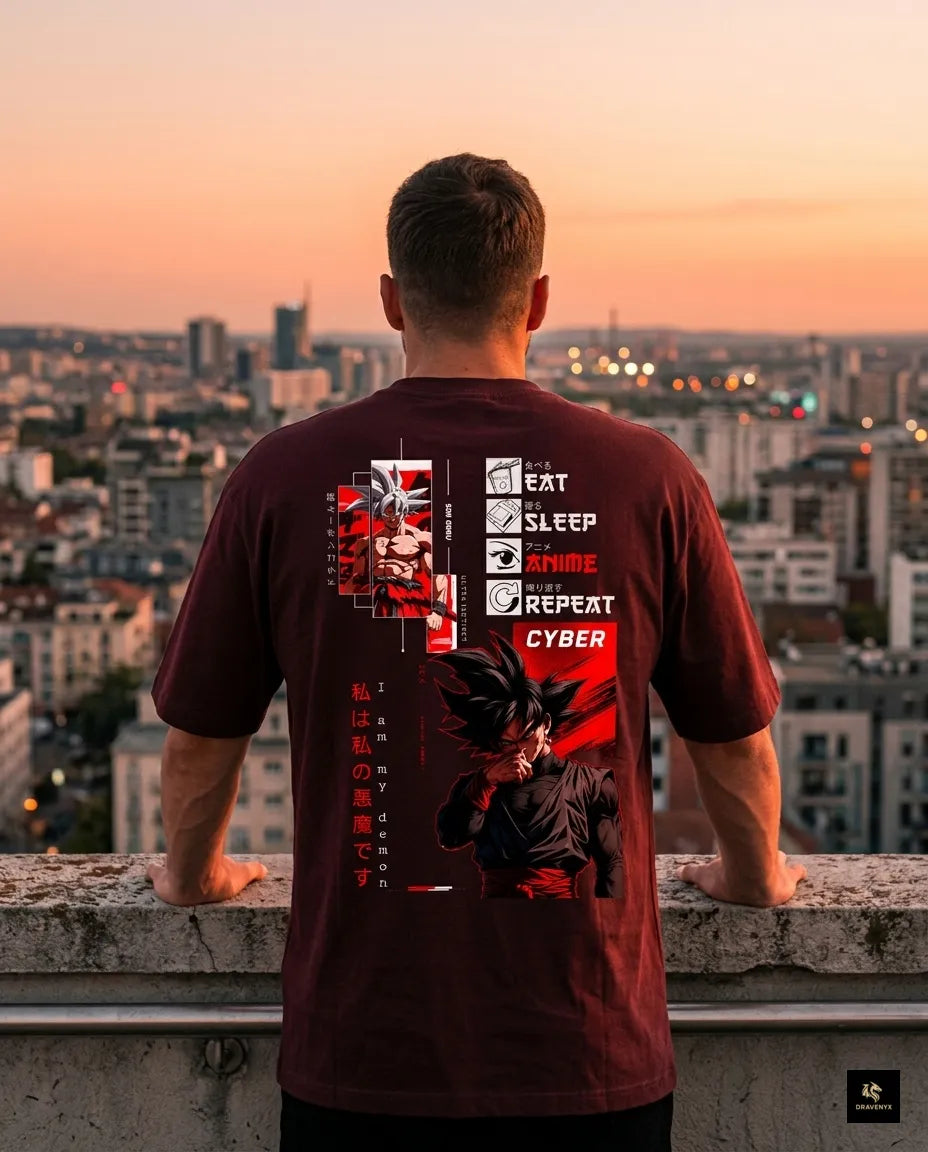 DRAVENYX Cyber Instinct oversized anime graphic tee in maroon