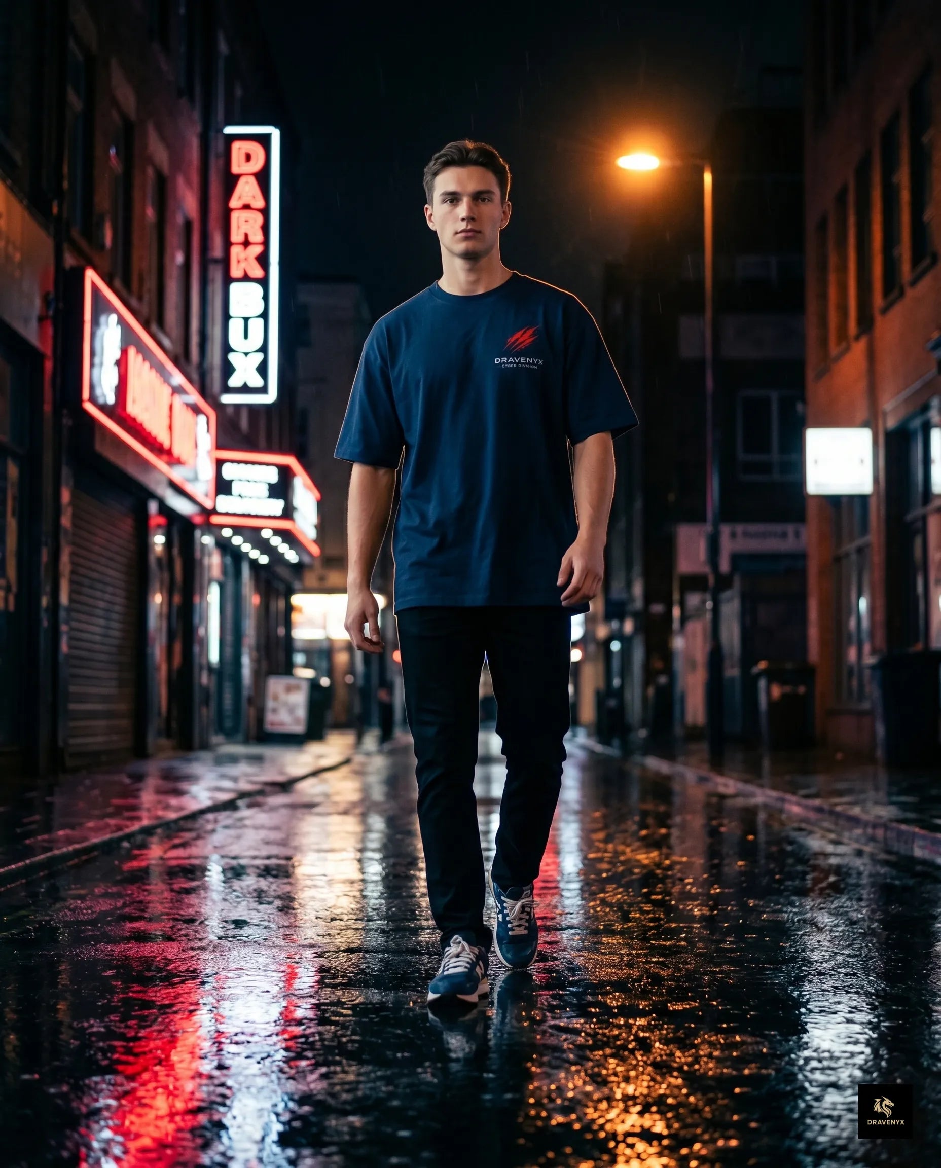 DRAVENYX Cyber Instinct oversized anime graphic tee in navy blue