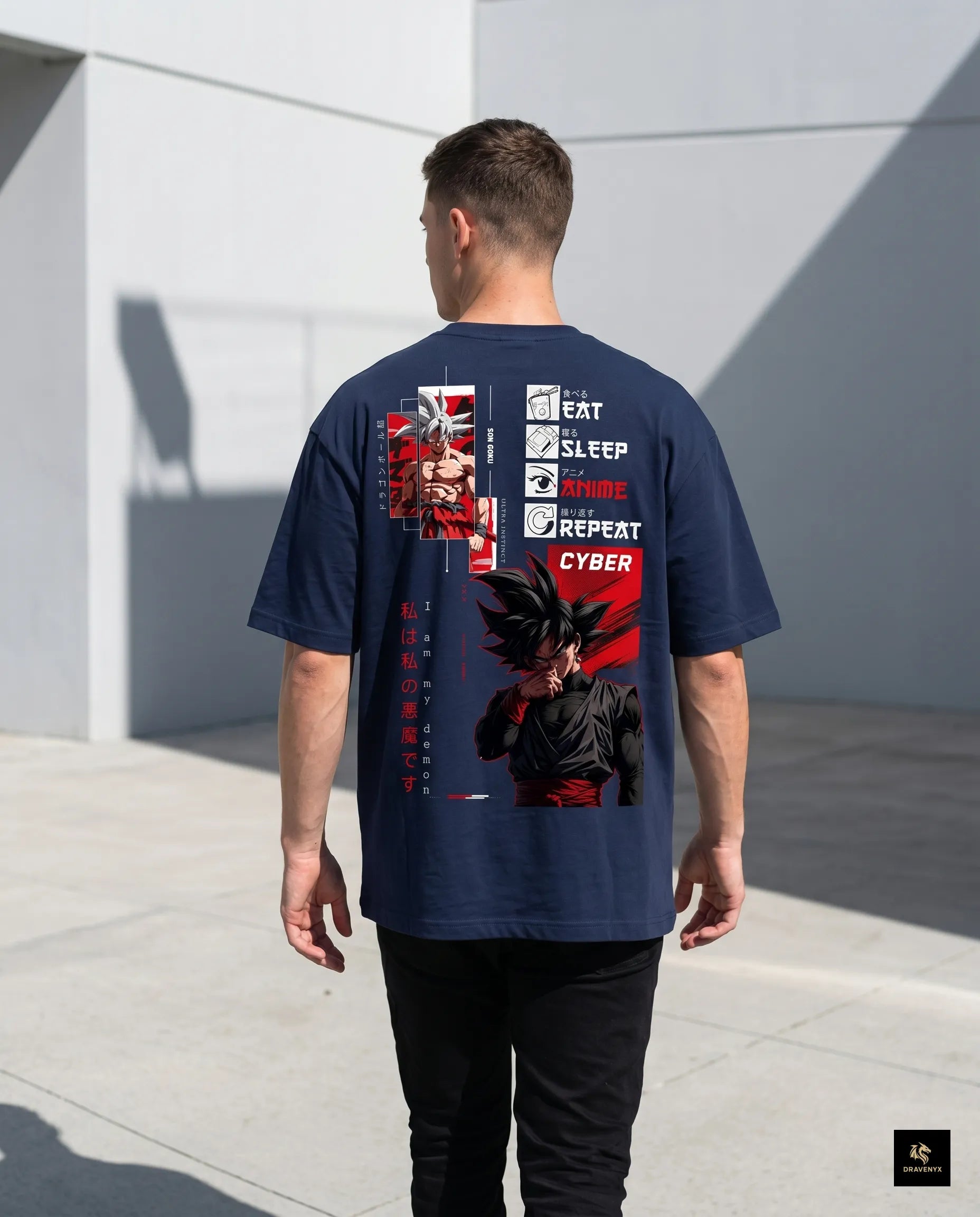DRAVENYX Cyber Instinct oversized anime graphic tee in navy blue