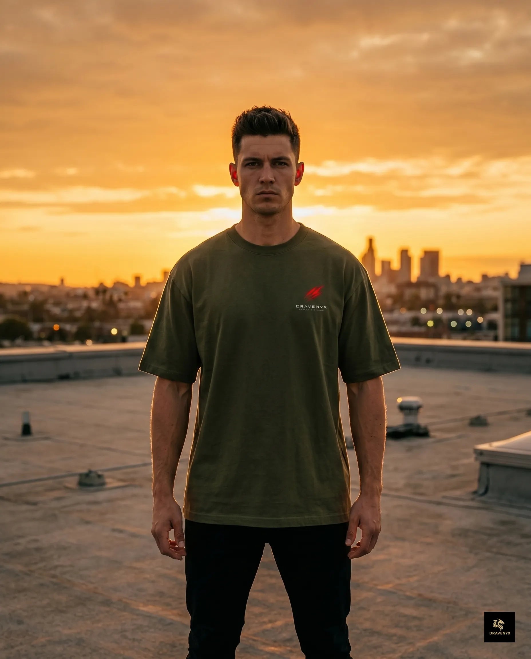 DRAVENYX Cyber Instinct oversized anime graphic tee in olive green