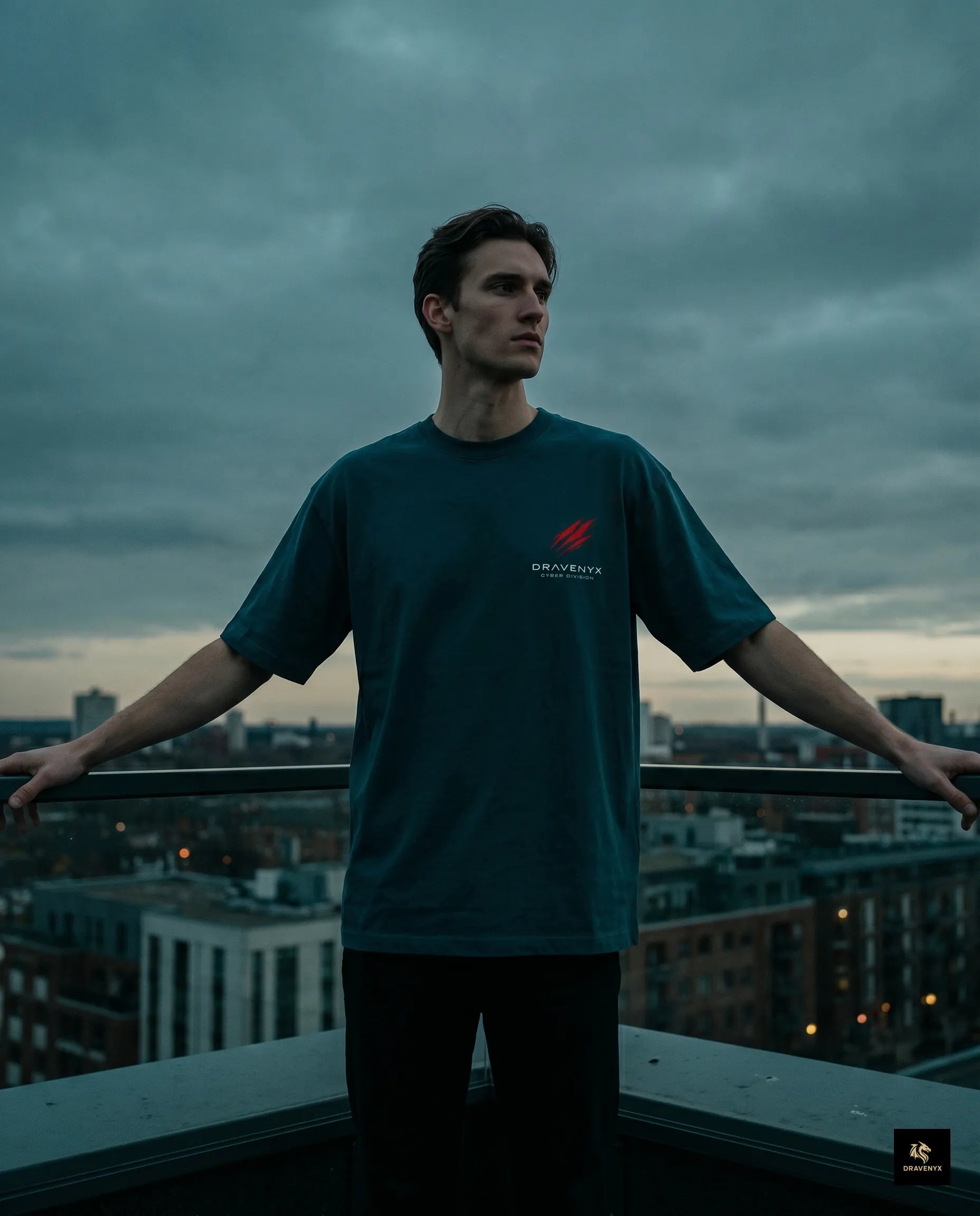 DRAVENYX Cyber Instinct oversized anime graphic tee in petrol blue
