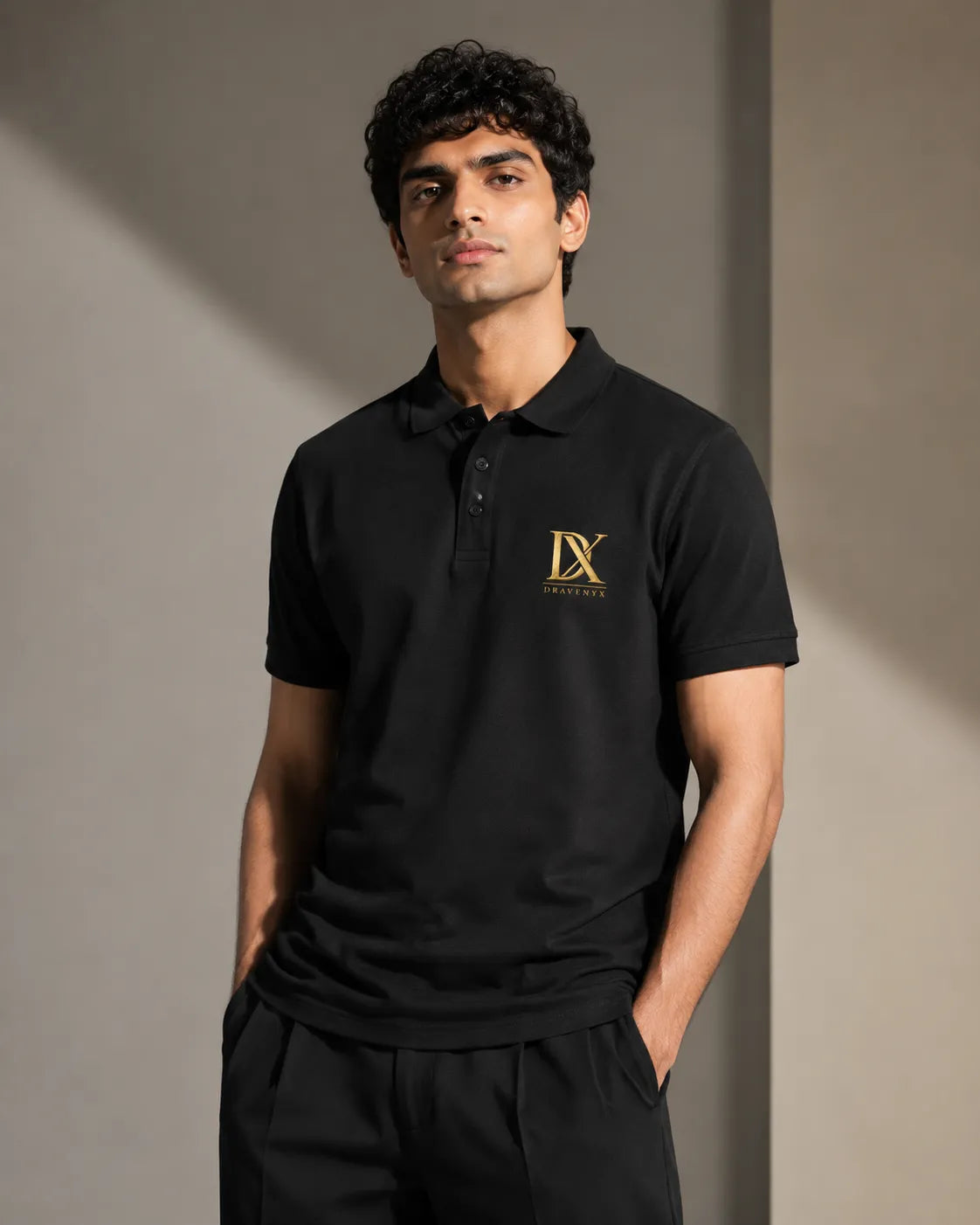 DRAVENYX Obsidian Crest Polo in Black – Gold Embroidered DX Logo, Regular Fit Premium Cotton Half Sleeve Polo T-Shirt