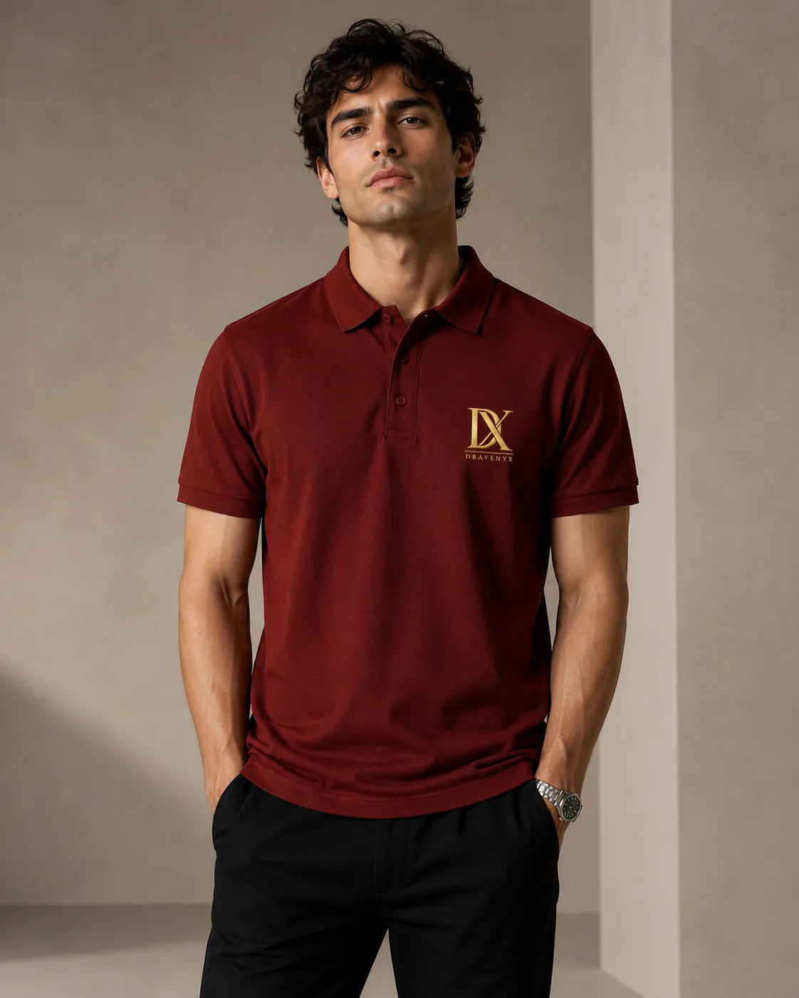 DRAVENYX Obsidian Crest Polo in Brick Red – Gold Embroidered DX Logo, Regular Fit Premium Cotton Half Sleeve Polo T-Shirt