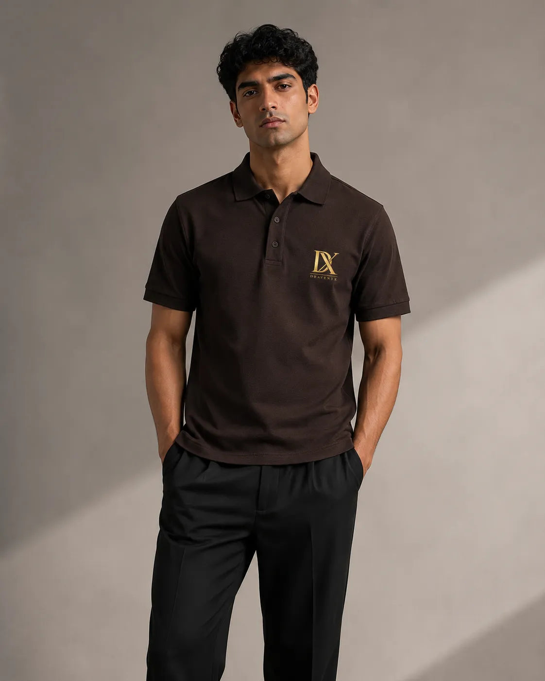 DRAVENYX Obsidian Crest Polo in Coffee Brown – Gold Embroidered DX Logo, Regular Fit Premium Cotton Half Sleeve Polo T-Shirt