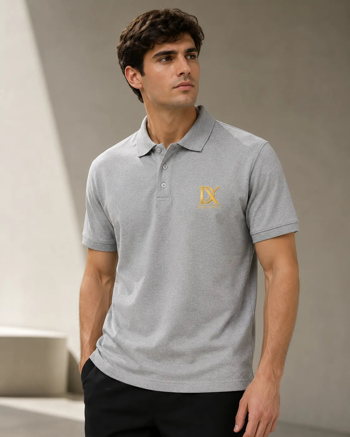 DRAVENYX Obsidian Crest Polo in Grey Melange – Gold Embroidered DX Logo, Regular Fit Premium Cotton Half Sleeve Polo T-Shirt