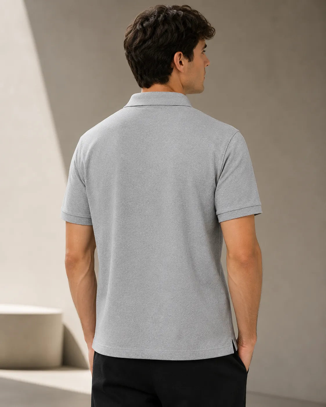 DRAVENYX Obsidian Crest Polo in Grey Melange – Gold Embroidered DX Logo, Regular Fit Premium Cotton Half Sleeve Polo T-Shirt