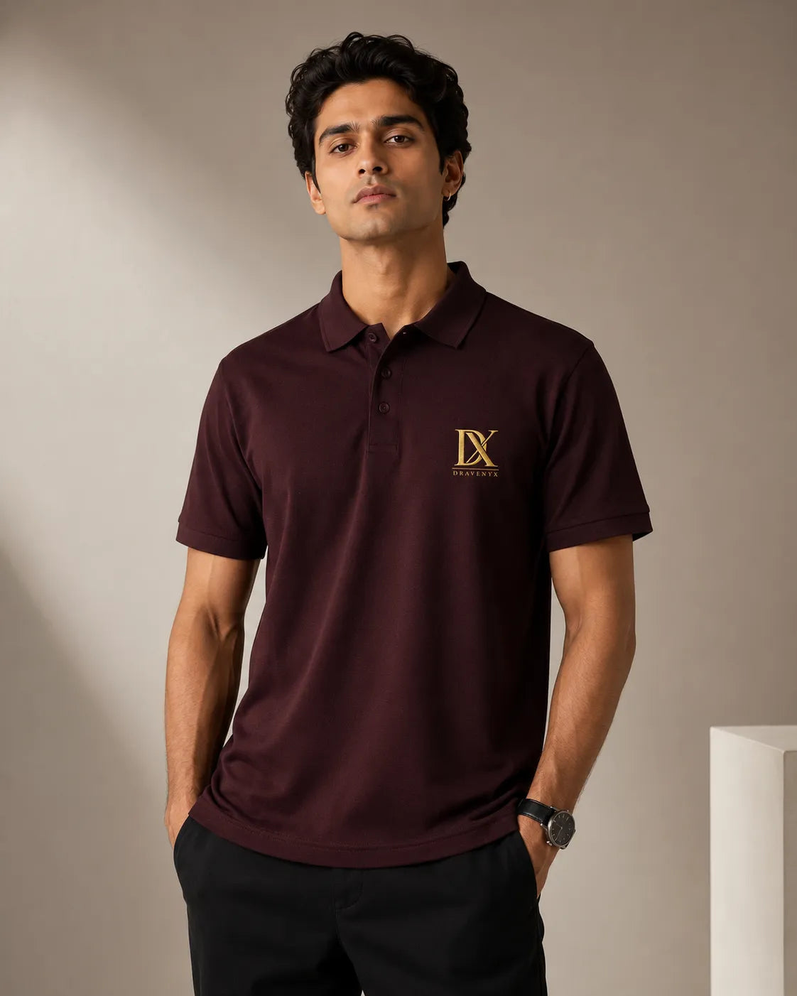 DRAVENYX Obsidian Crest Polo in Maroon – Gold Embroidered DX Logo, Regular Fit Premium Cotton Half Sleeve Polo T-Shirt