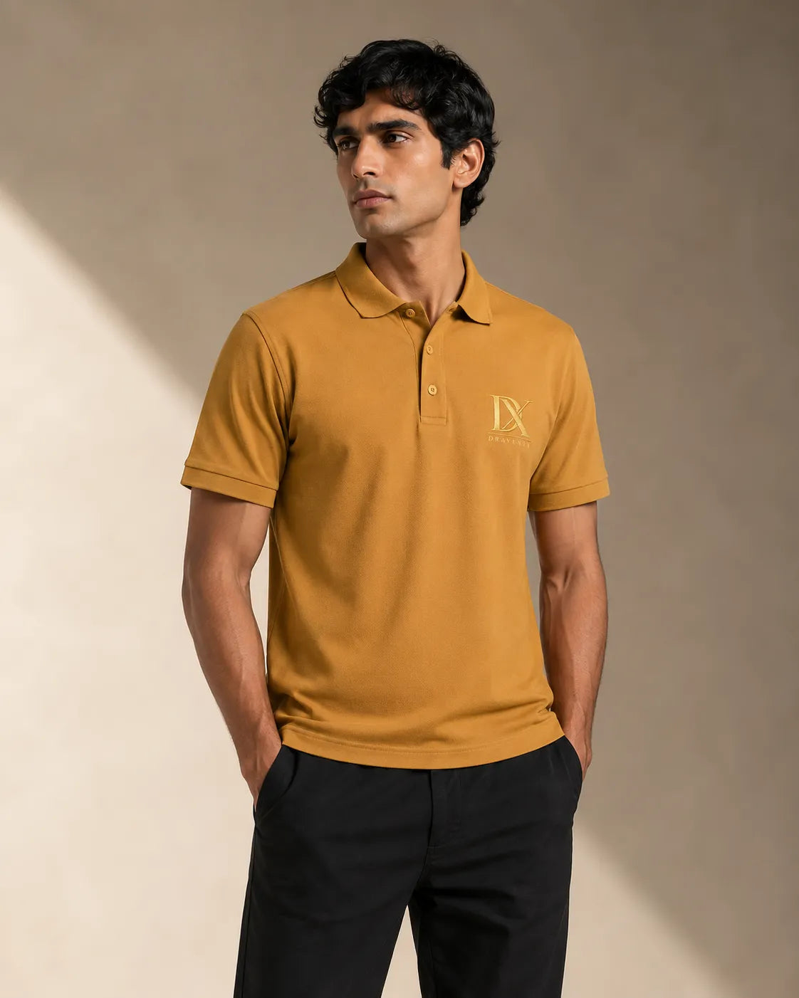 DRAVENYX Obsidian Crest Polo in Mustard Yellow – Gold Embroidered DX Logo, Regular Fit Premium Cotton Half Sleeve Polo T-Shirt