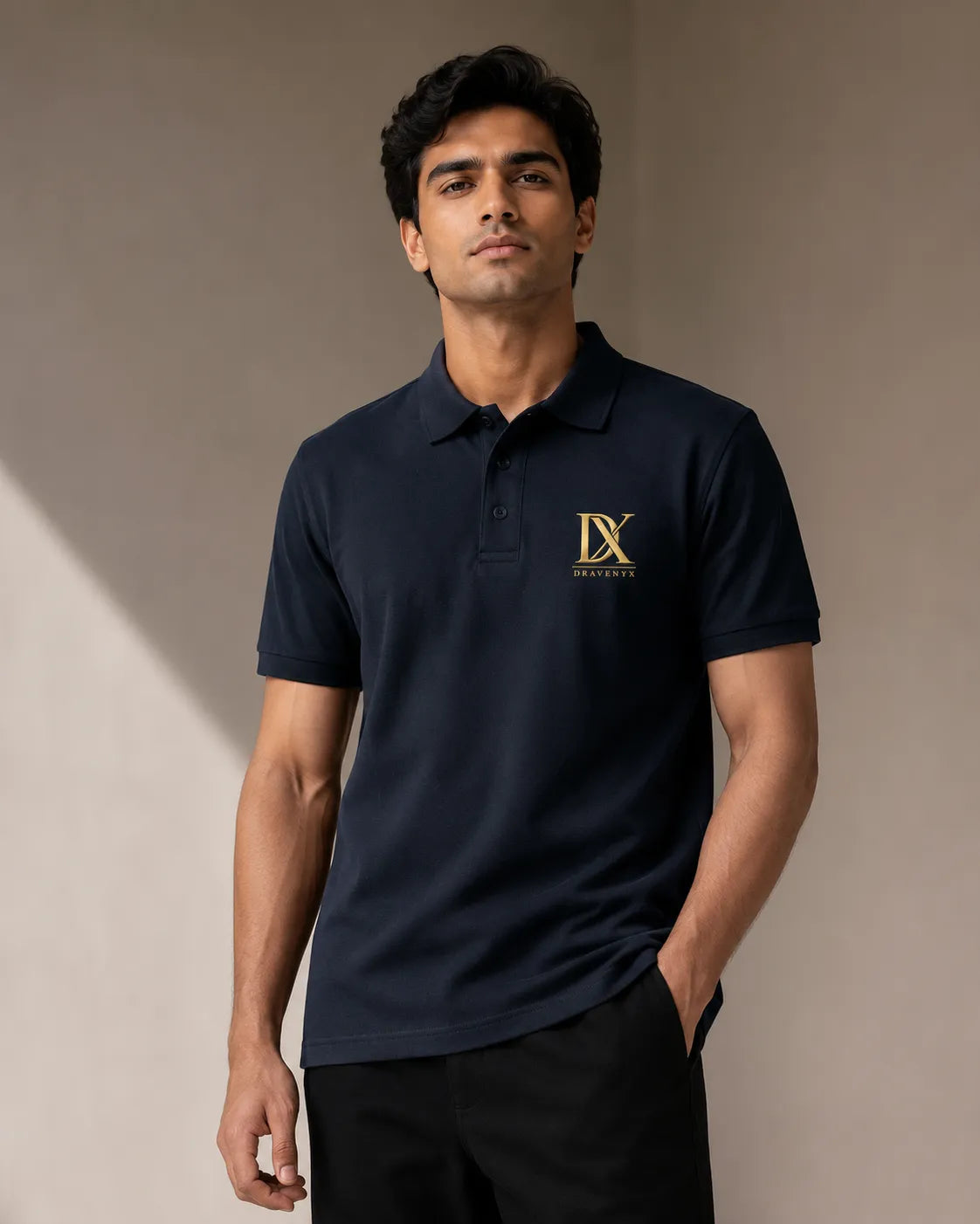 DRAVENYX Obsidian Crest Polo in Navy Blue – Gold Embroidered DX Logo, Regular Fit Premium Cotton Half Sleeve Polo T-Shirt