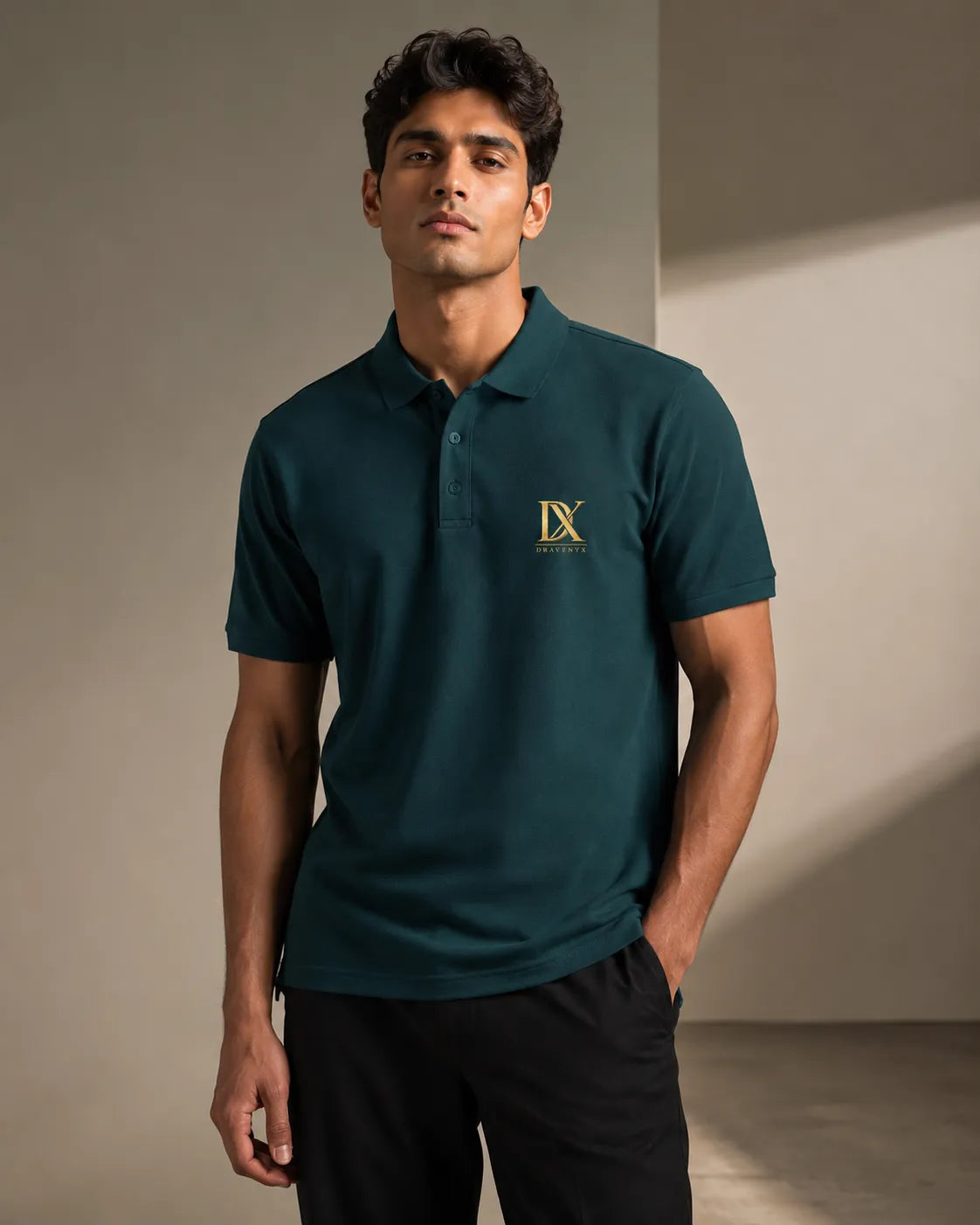 DRAVENYX Obsidian Crest Polo in Petrol Blue – Gold Embroidered DX Logo, Regular Fit Premium Cotton Half Sleeve Polo T-Shirt