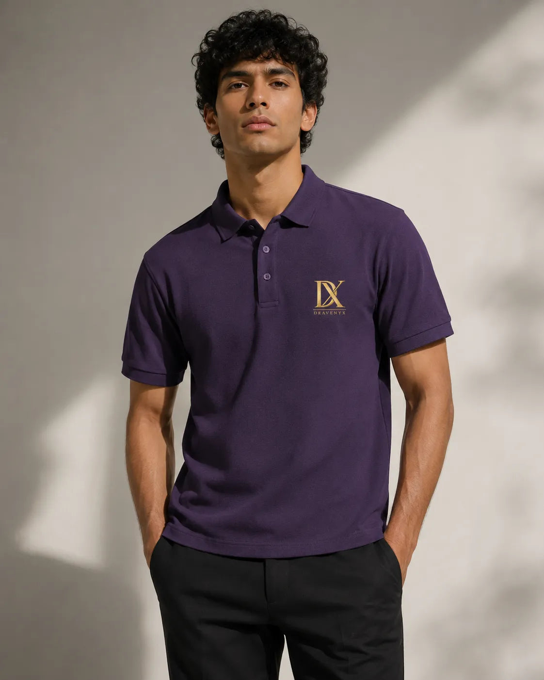 DRAVENYX Obsidian Crest Polo in Purple – Gold Embroidered DX Logo, Regular Fit Premium Cotton Half Sleeve Polo T-Shirt