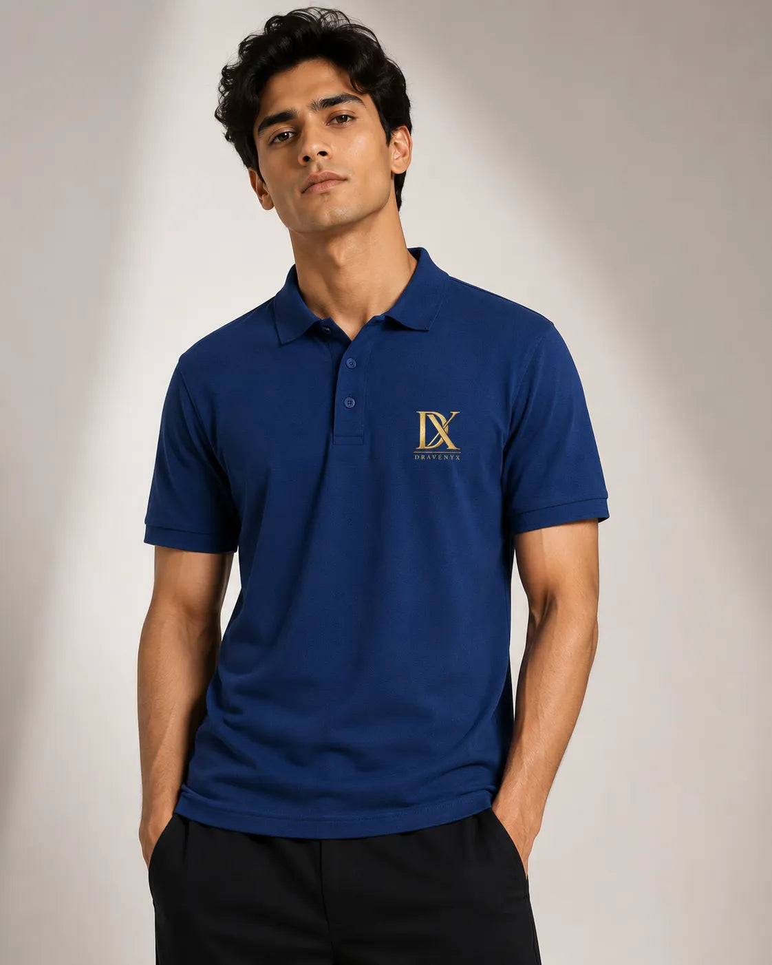 DRAVENYX Obsidian Crest Polo in Royal Blue – Gold Embroidered DX Logo, Regular Fit Premium Cotton Half Sleeve Polo T-Shirt