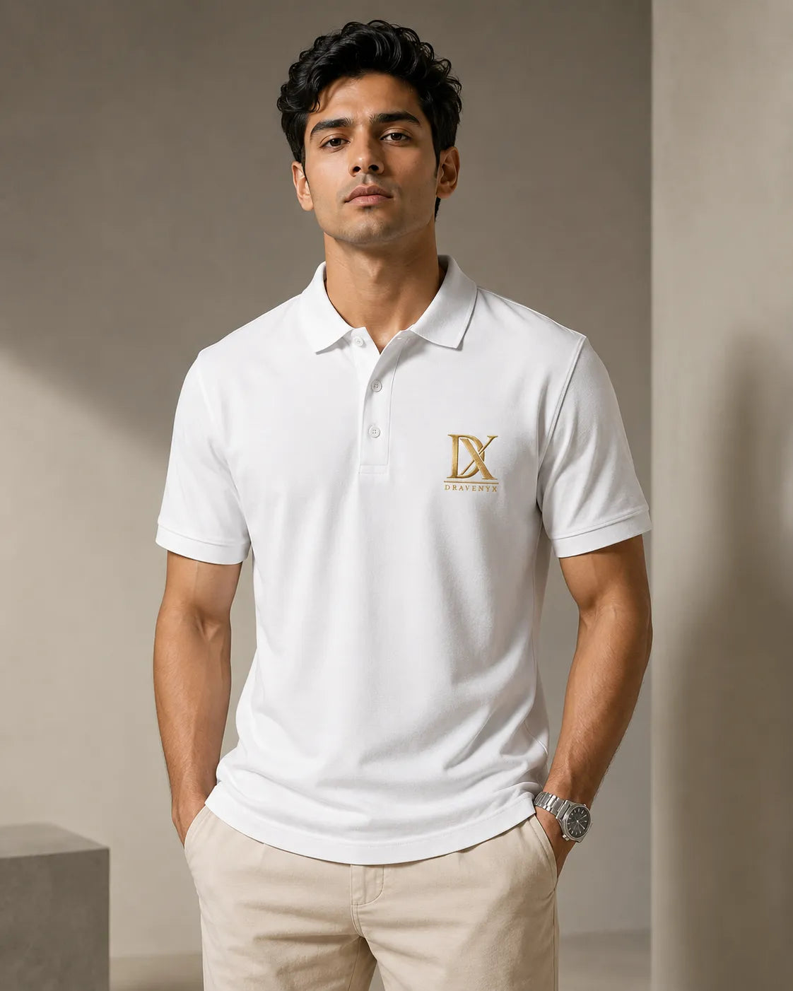 DRAVENYX Obsidian Crest Polo in White – Gold Embroidered DX Logo, Regular Fit Premium Cotton Half Sleeve Polo T-Shirt