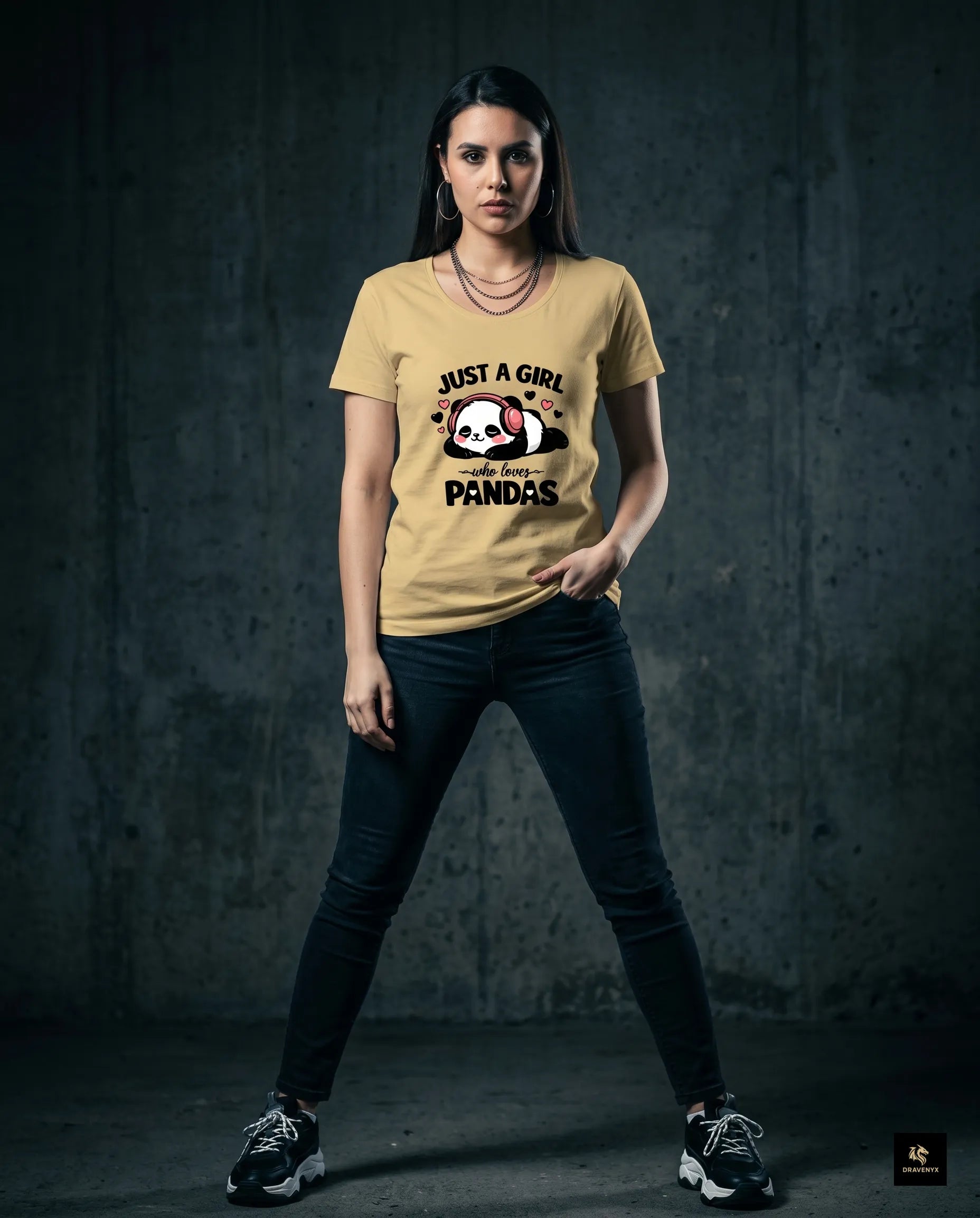 DRAVENYX® Panda Bliss Women's Classic T-Shirt in Beige — regular fit half sleeve with kawaii panda DTF print graphic on front