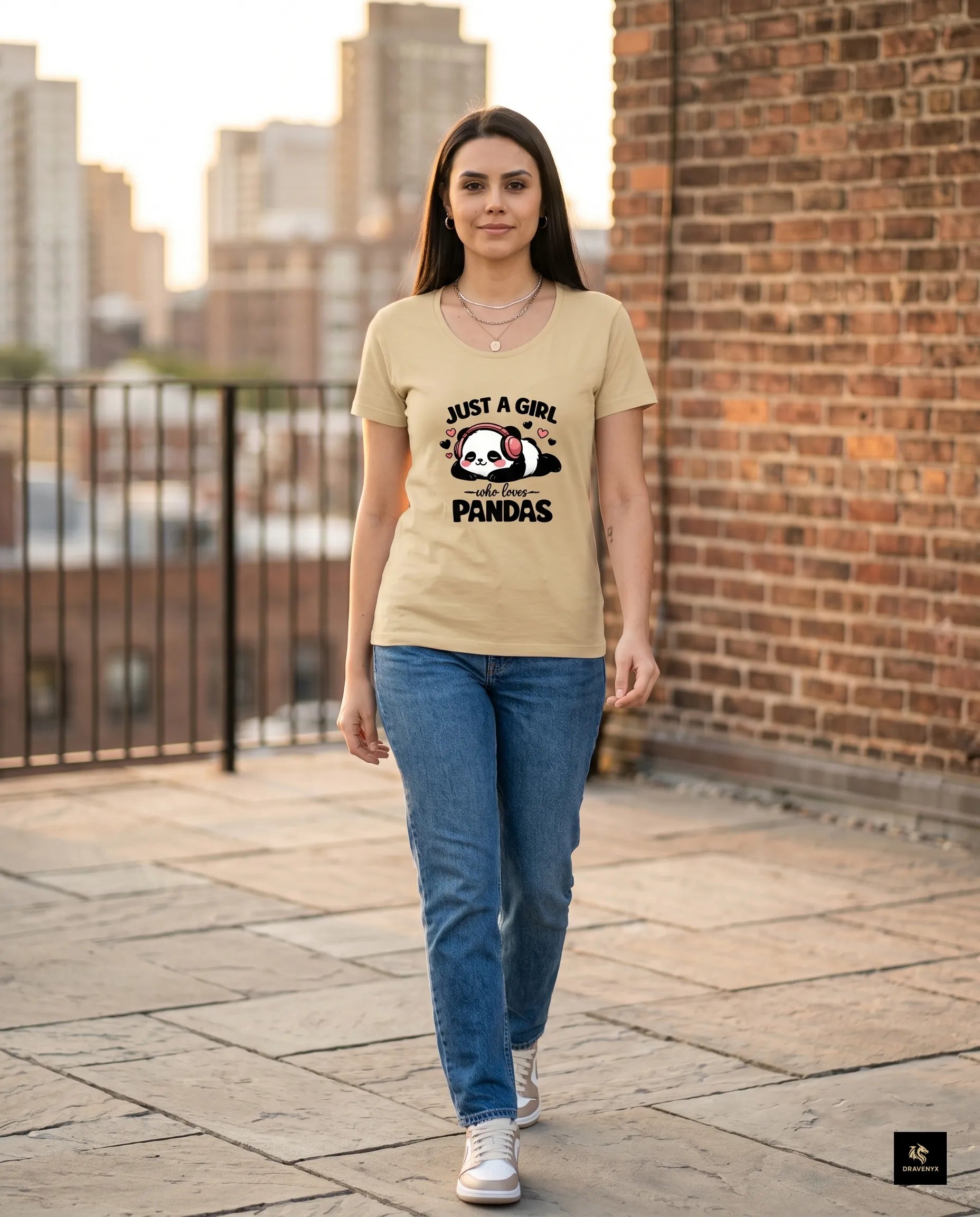 DRAVENYX® Panda Bliss Women's Classic T-Shirt in Beige — regular fit half sleeve with kawaii panda DTF print graphic on front