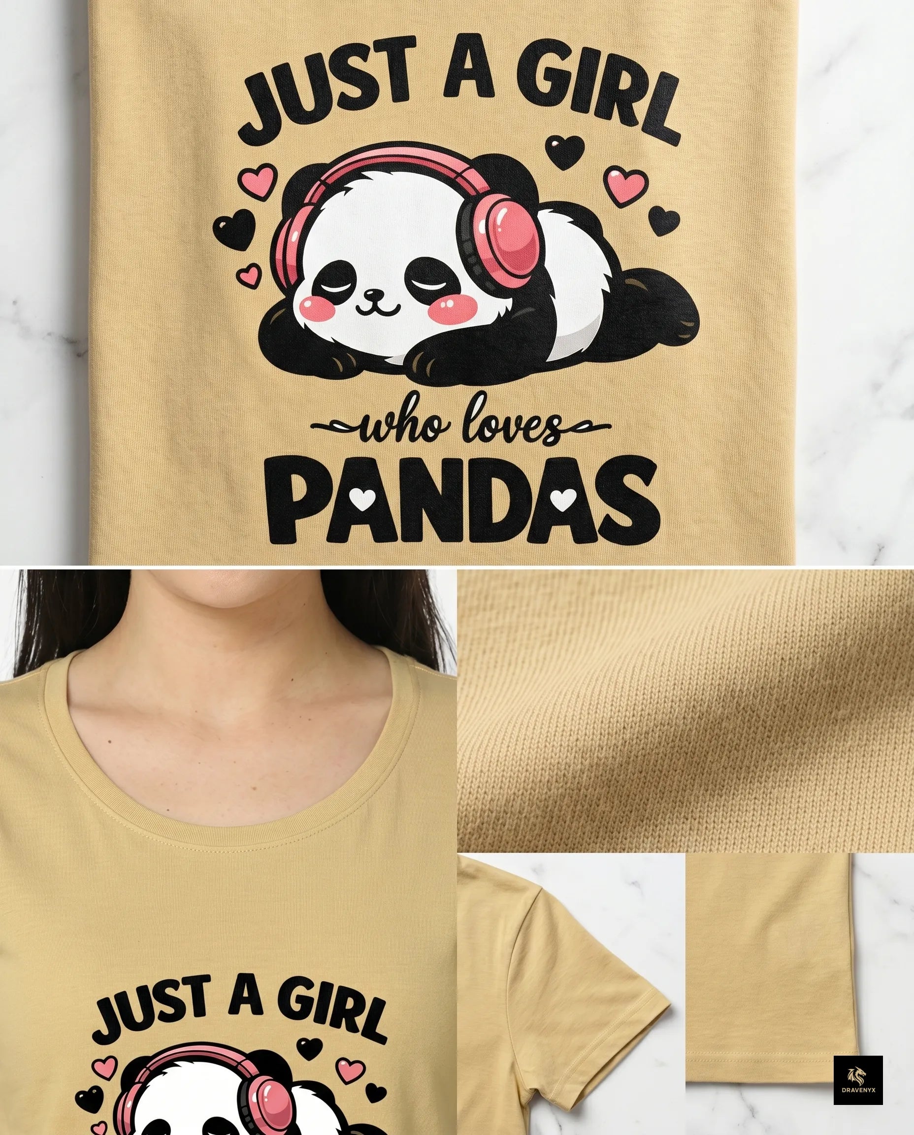 DRAVENYX® Panda Bliss Women's Classic T-Shirt in Beige — regular fit half sleeve with kawaii panda DTF print graphic on front