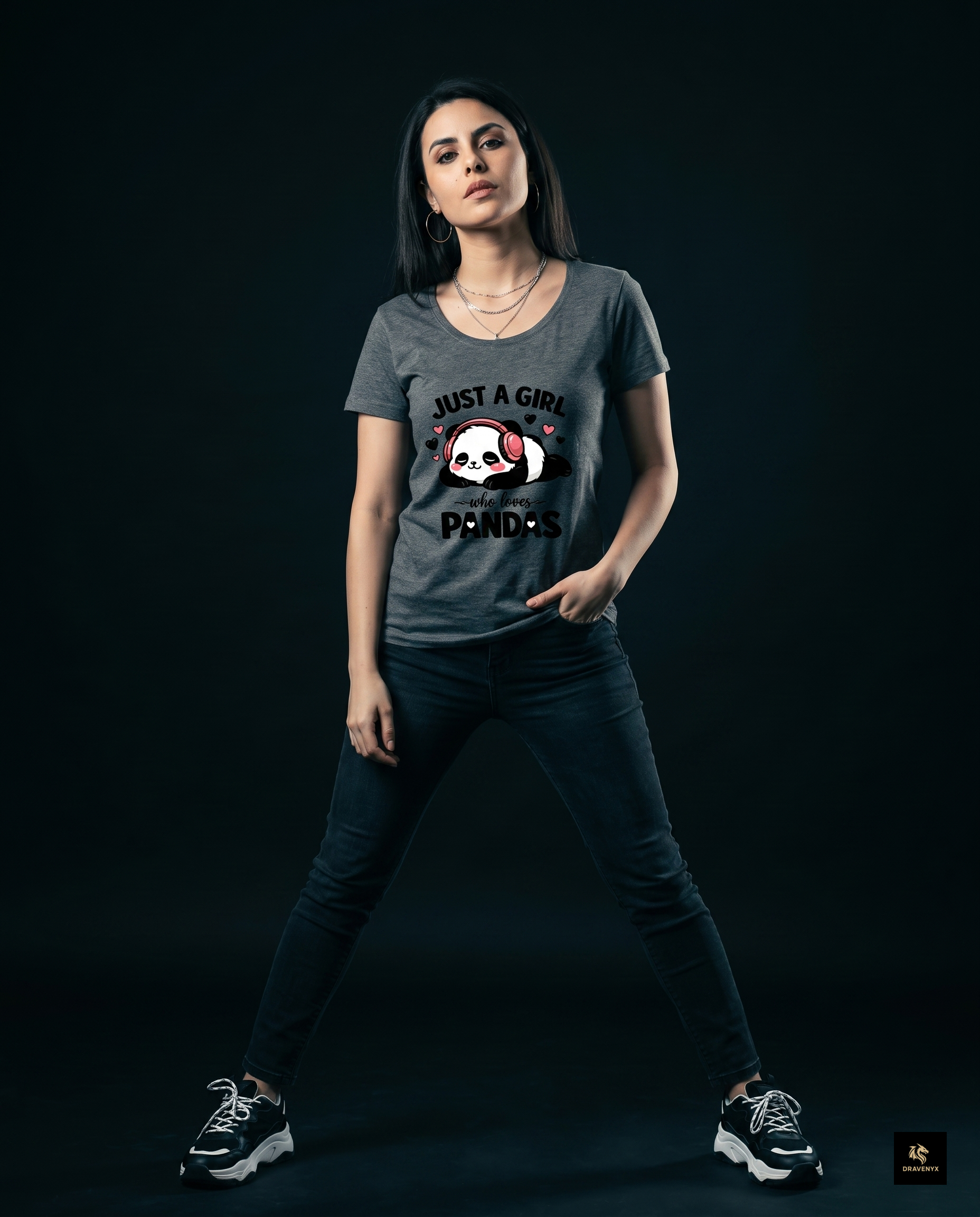DRAVENYX® Panda Bliss Women's Classic T-Shirt in Charcoal Melange — regular fit half sleeve with kawaii panda DTF print graphic on front
