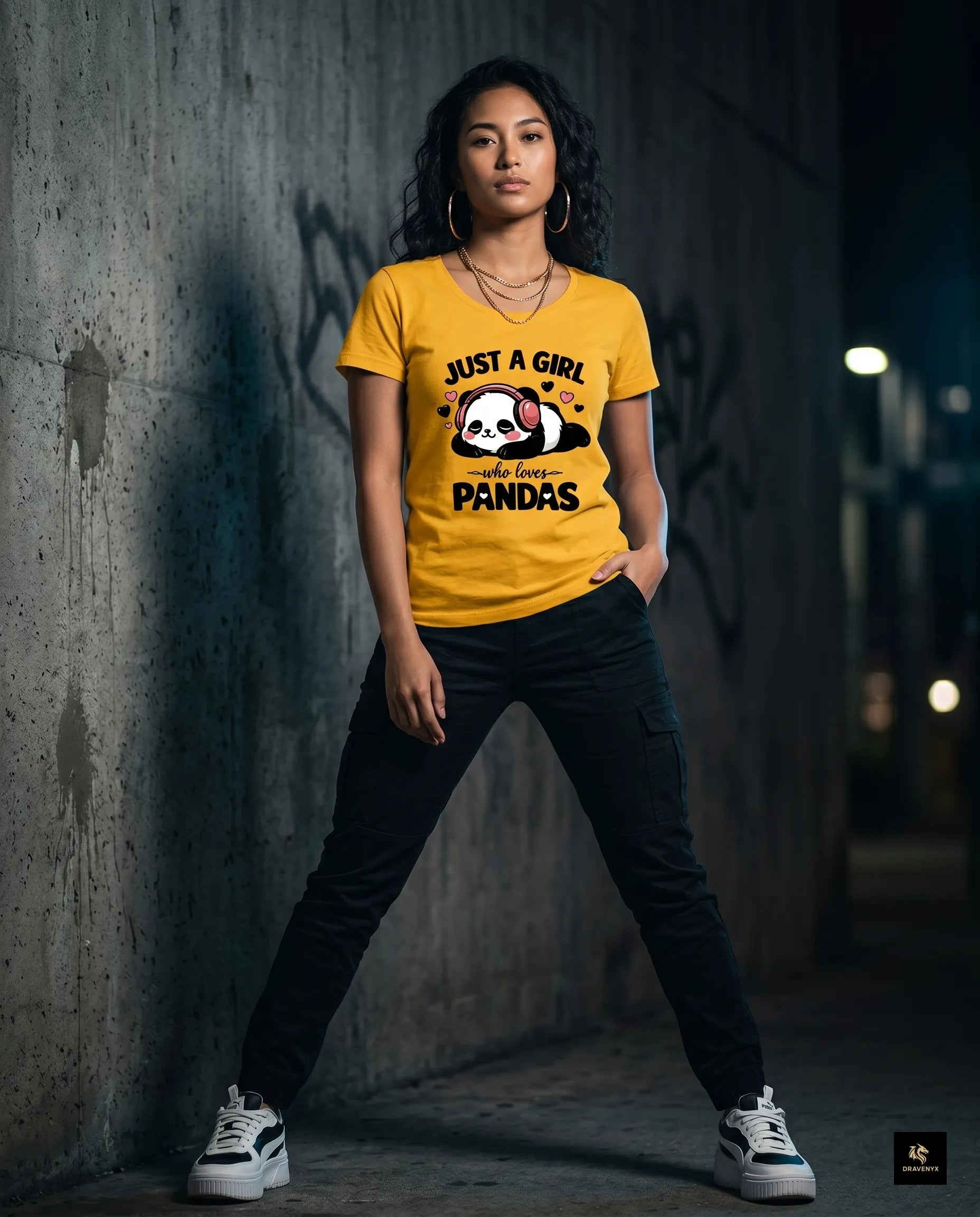 DRAVENYX® Panda Bliss Women's Classic T-Shirt in Golden Yellow — regular fit half sleeve with kawaii panda DTF print graphic on front