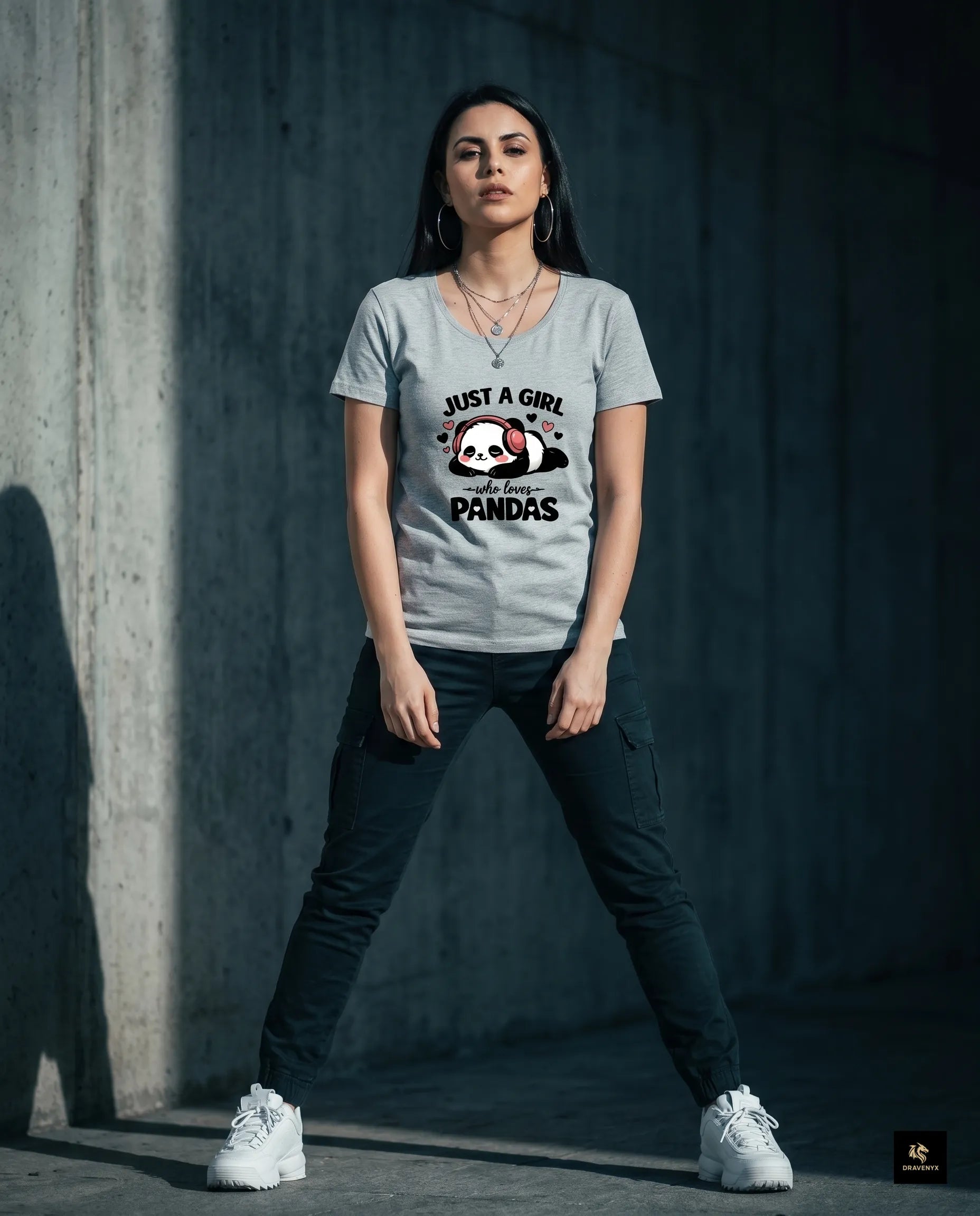 DRAVENYX® Panda Bliss Women's Classic T-Shirt in Grey Melange — regular fit half sleeve with kawaii panda DTF print graphic on front