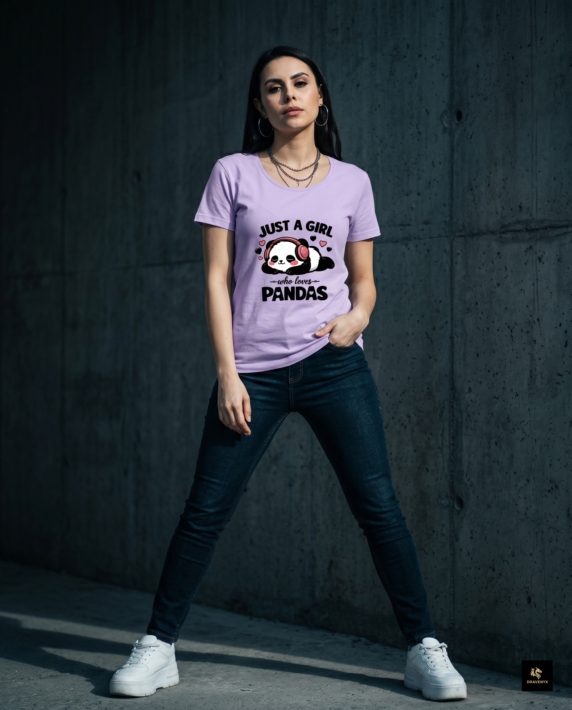 DRAVENYX® Panda Bliss Women's Classic T-Shirt in Lavender — regular fit half sleeve with kawaii panda DTF print graphic on front