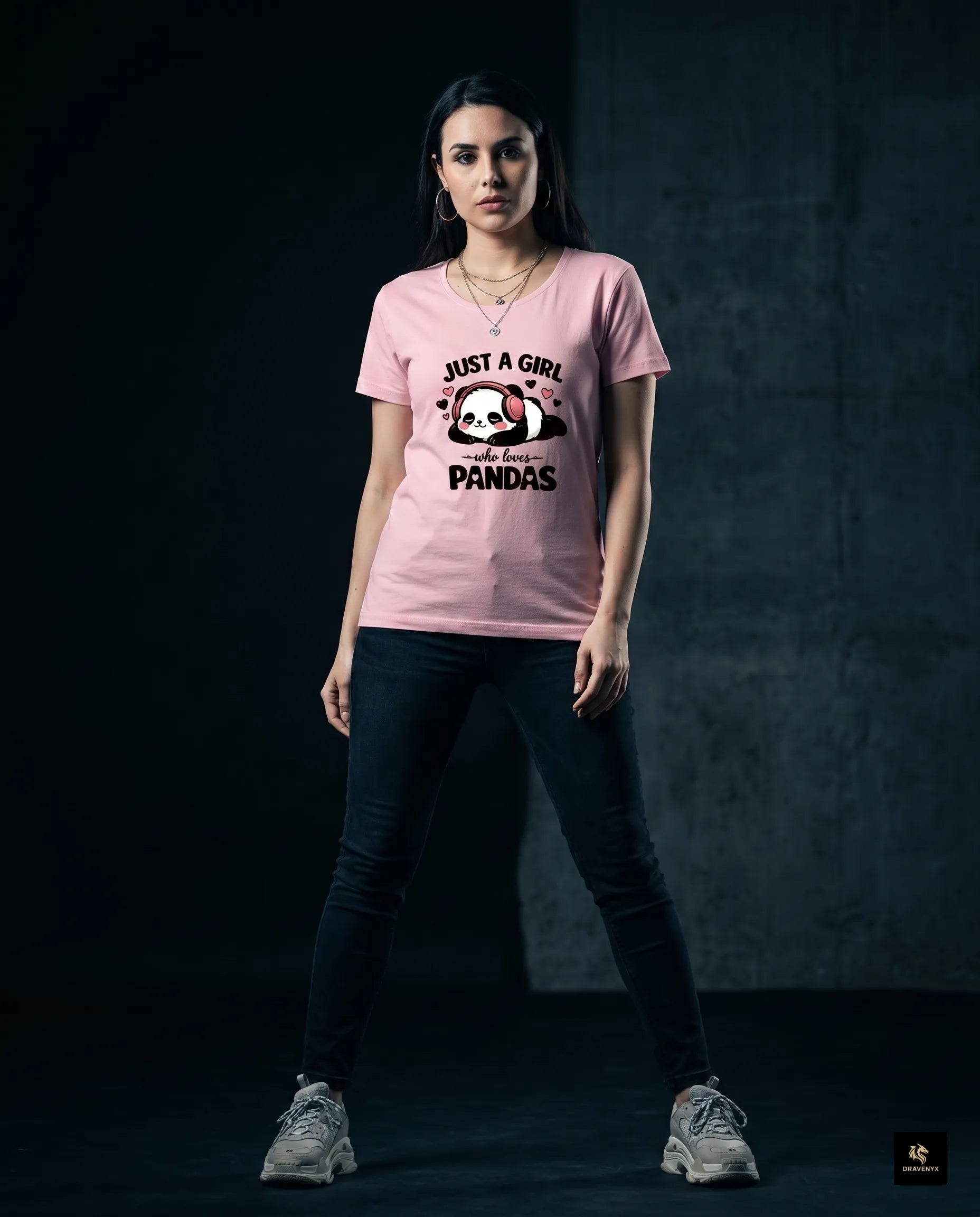 DRAVENYX® Panda Bliss Women's Classic T-Shirt in Light Baby Pink — regular fit half sleeve with kawaii panda DTF print graphic on front