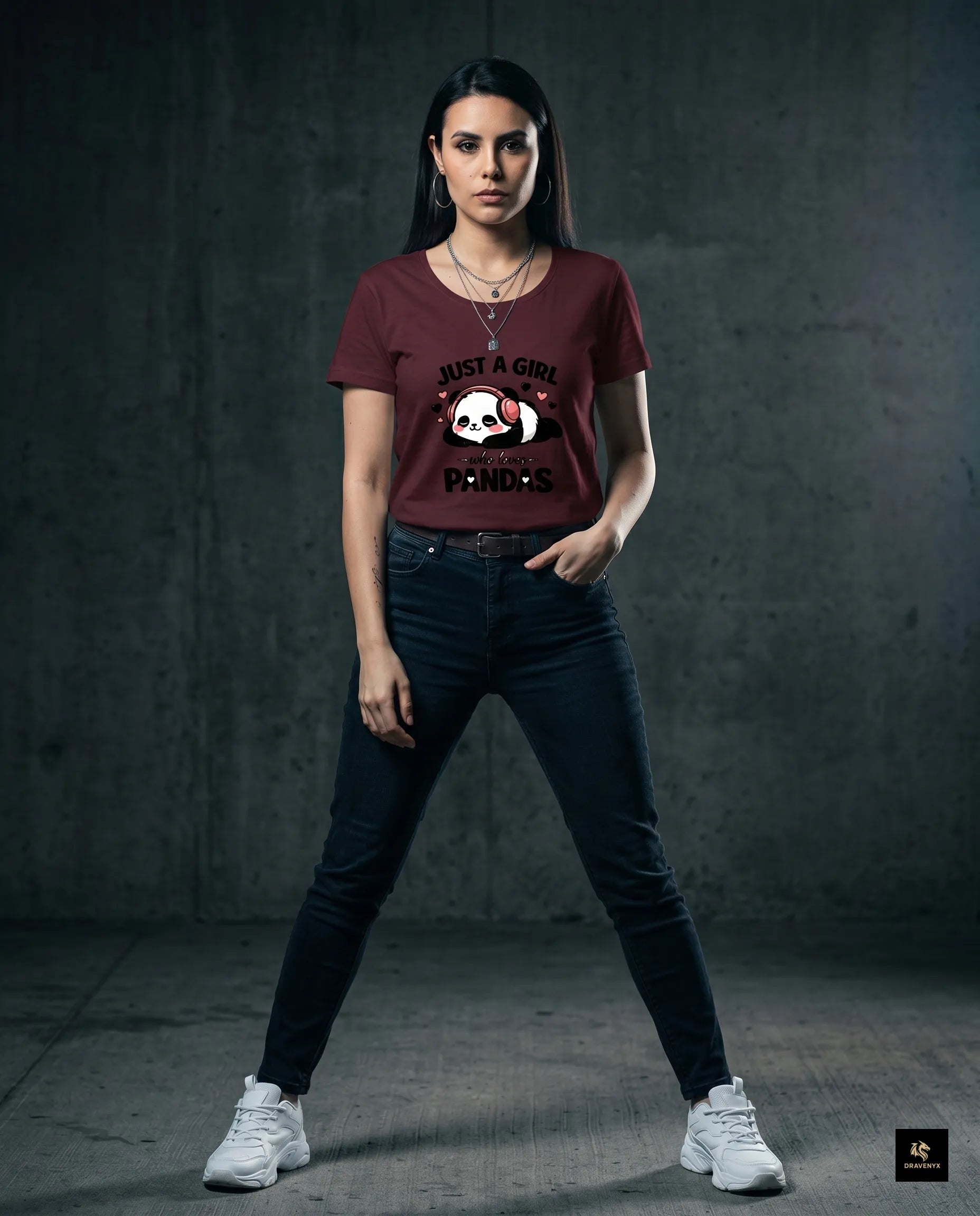 DRAVENYX® Panda Bliss Women's Classic T-Shirt in Maroon — regular fit half sleeve with kawaii panda DTF print graphic on front