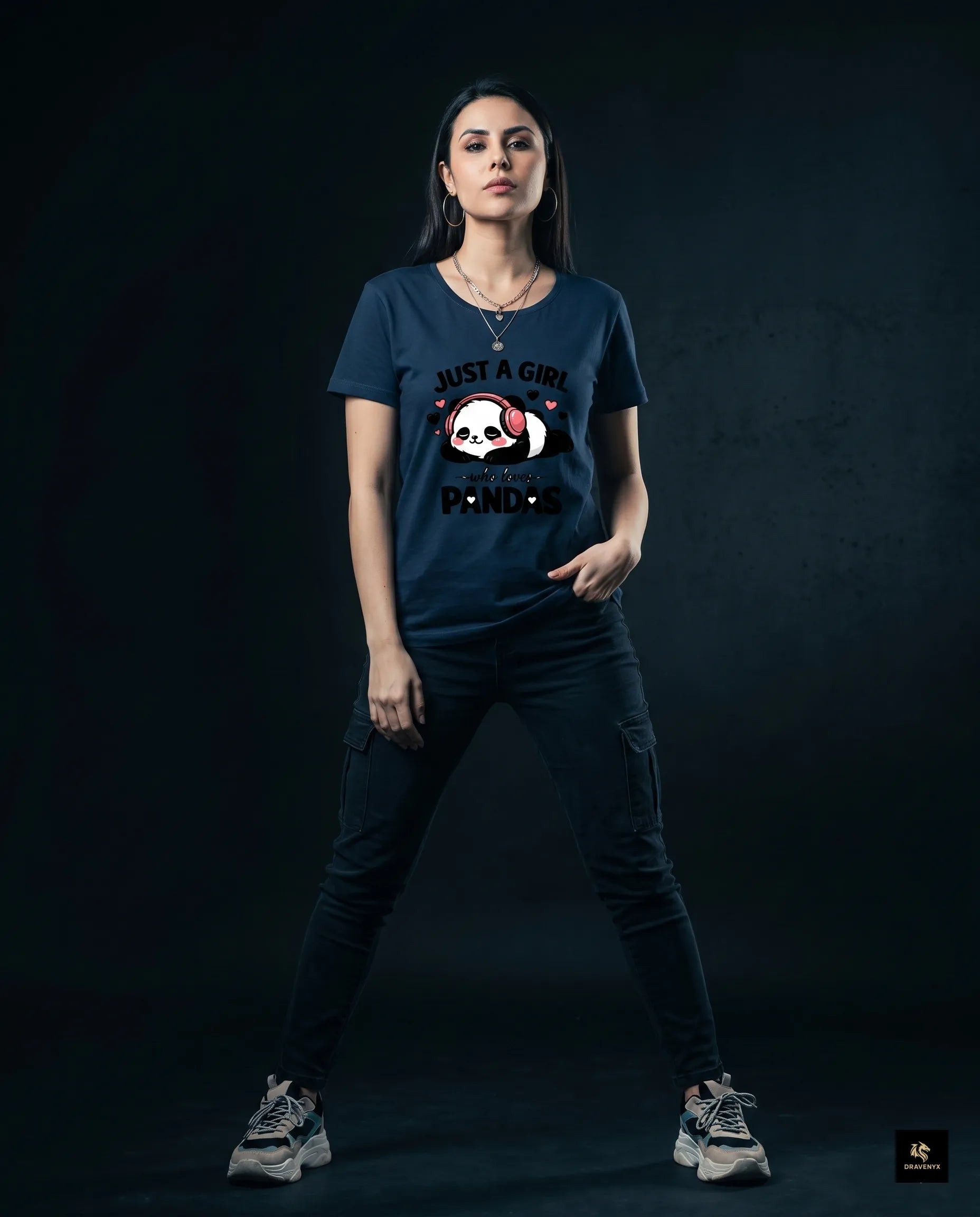 DRAVENYX® Panda Bliss Women's Classic T-Shirt in Navy Blue — regular fit half sleeve with kawaii panda DTF print graphic on front