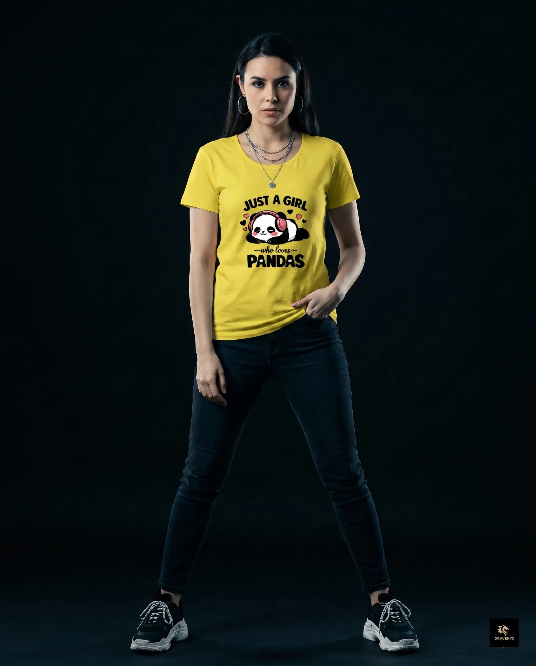 DRAVENYX® Panda Bliss Women's Classic T-Shirt in New Yellow — regular fit half sleeve with kawaii panda DTF print graphic on front