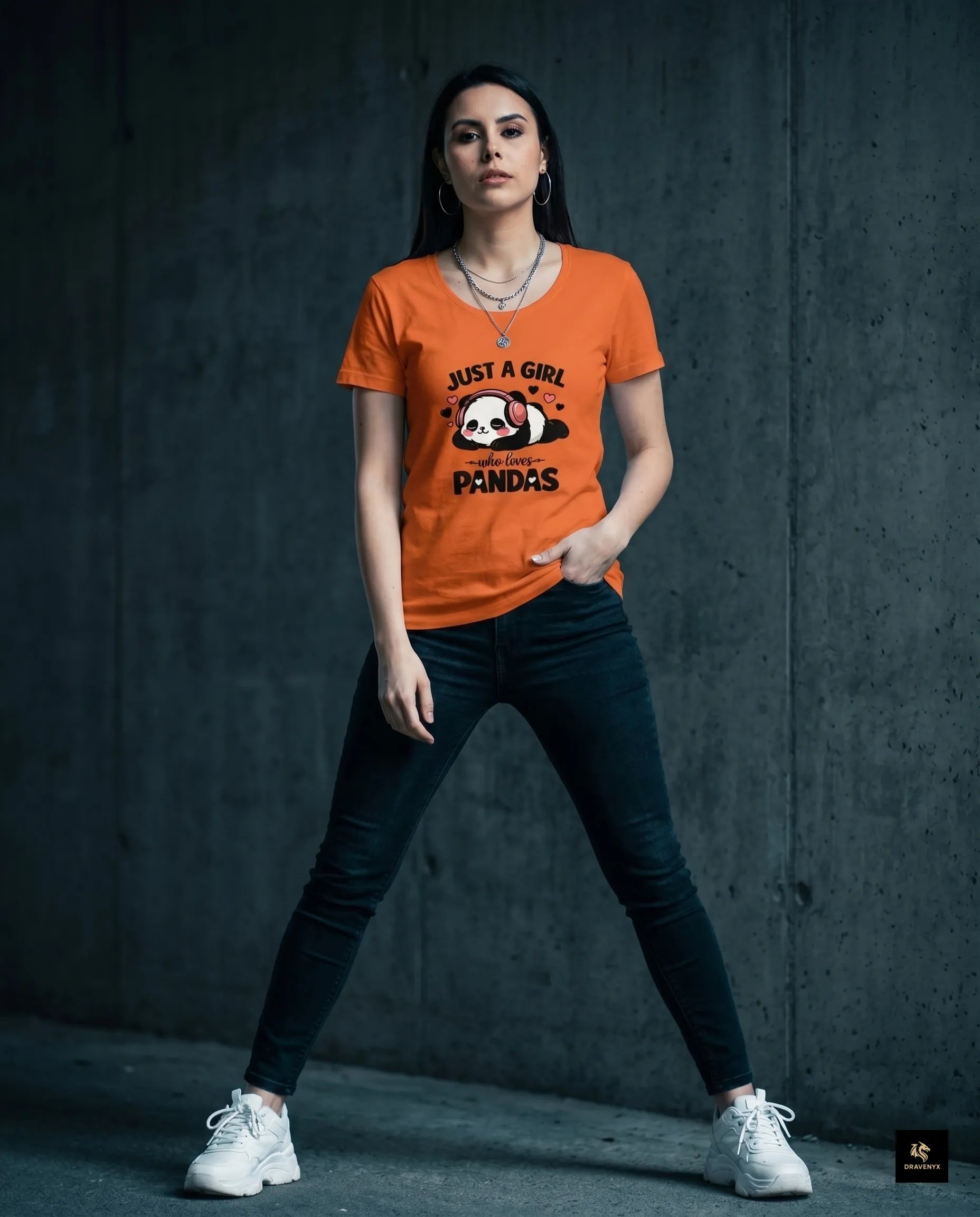 DRAVENYX® Panda Bliss Women's Classic T-Shirt in Orange — regular fit half sleeve with kawaii panda DTF print graphic on front