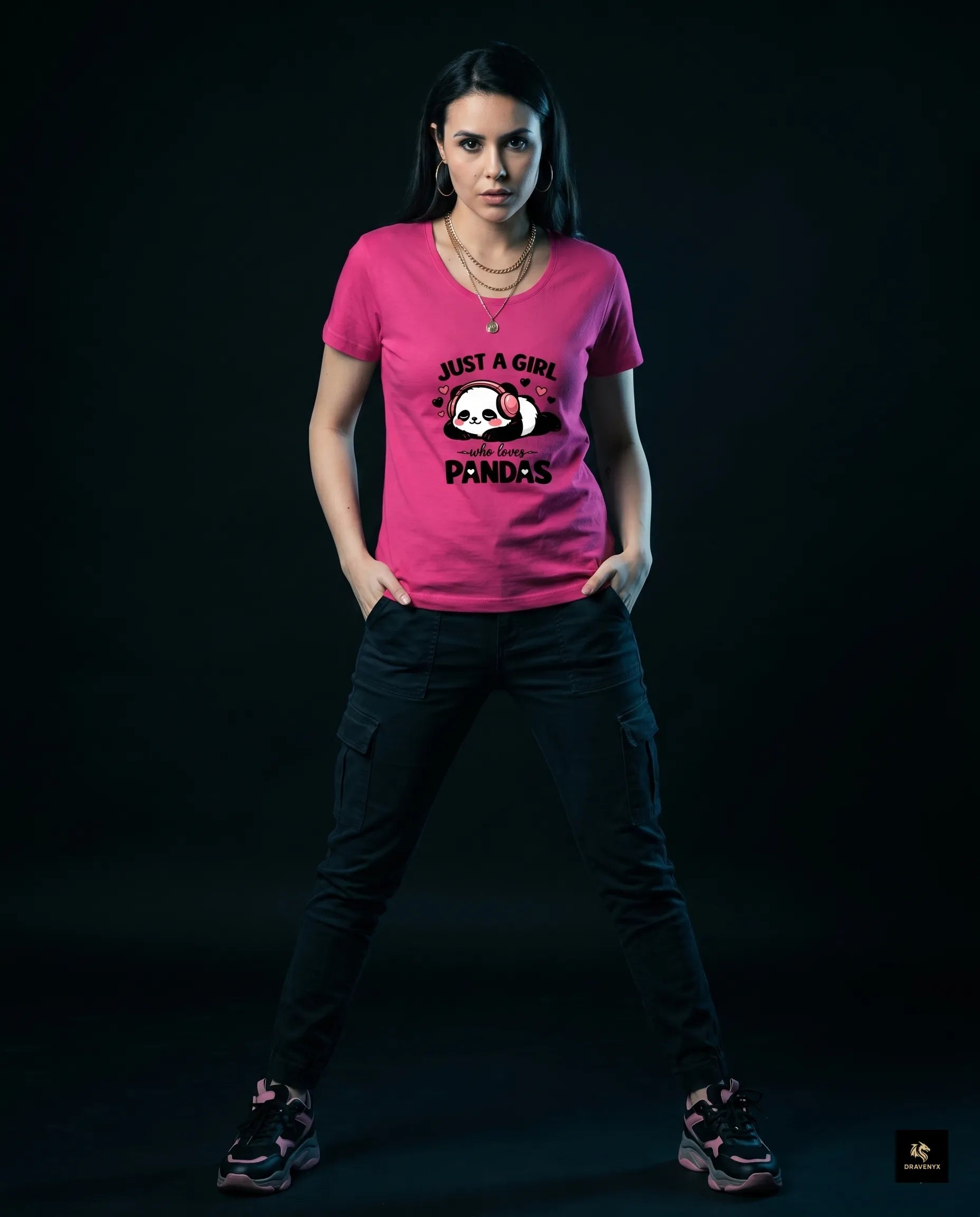 DRAVENYX® Panda Bliss Women's Classic T-Shirt in Pink — regular fit half sleeve with kawaii panda DTF print graphic on front