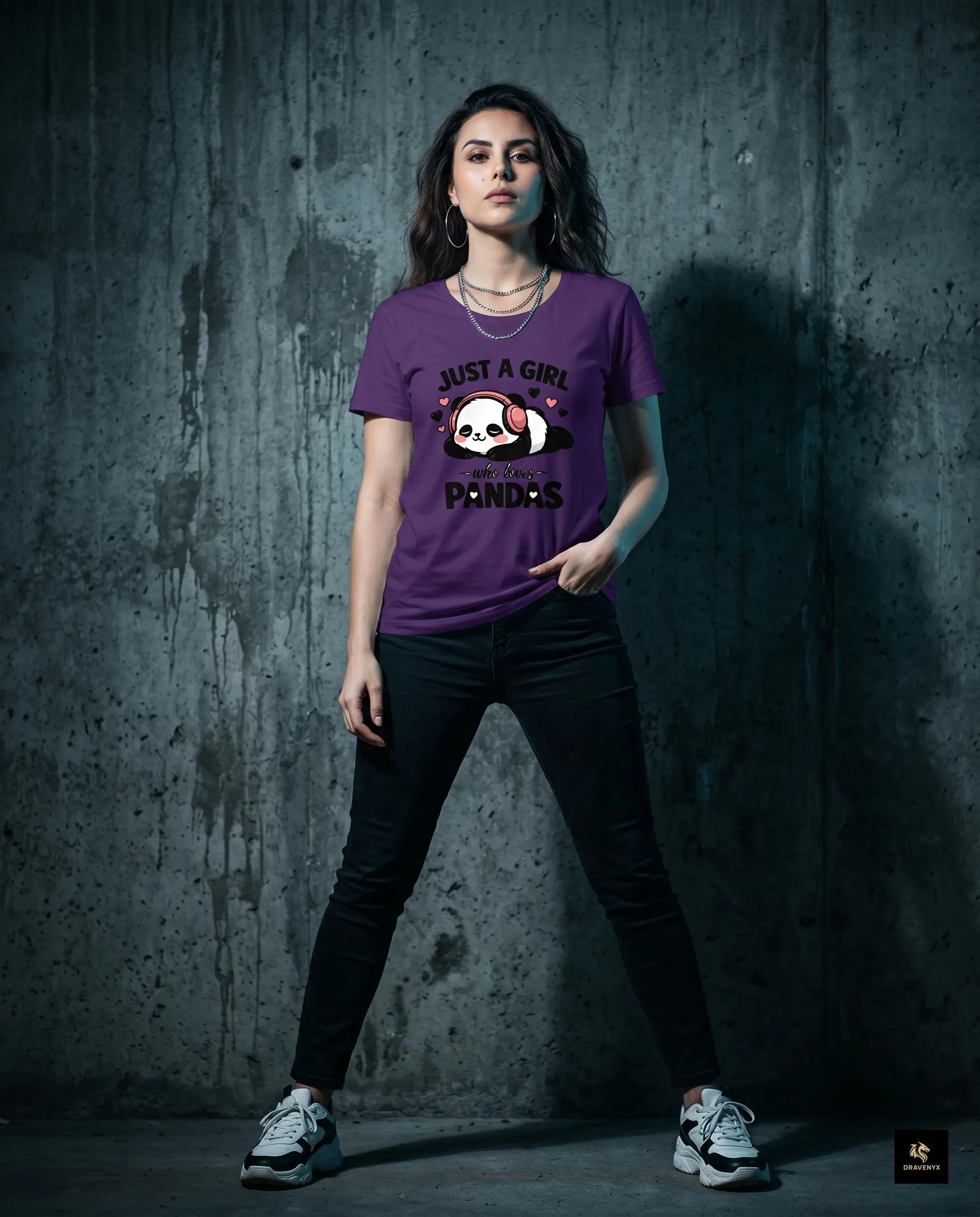 DRAVENYX® Panda Bliss Women's Classic T-Shirt in Purple — regular fit half sleeve with kawaii panda DTF print graphic on front