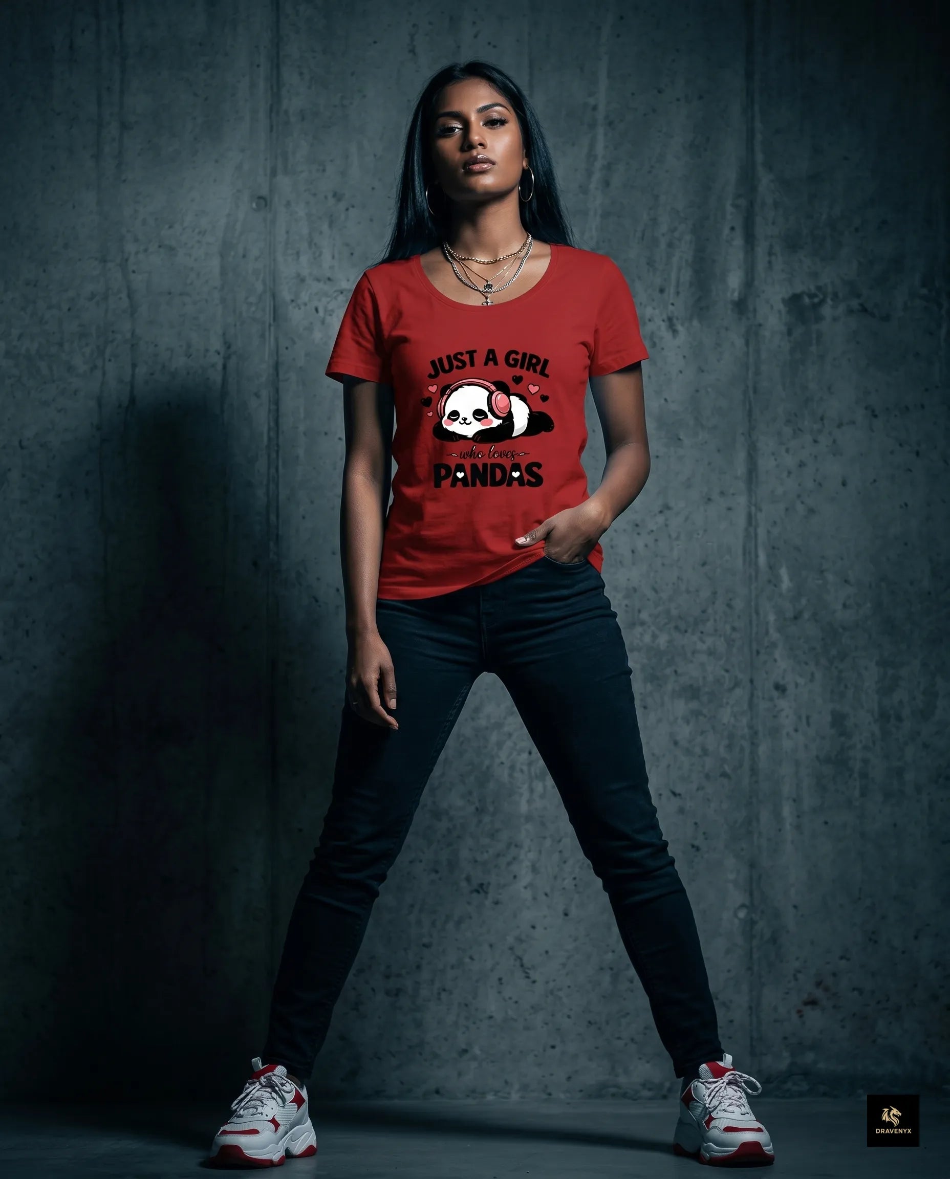 DRAVENYX® Panda Bliss Women's Classic T-Shirt in Red — regular fit half sleeve with kawaii panda DTF print graphic on front