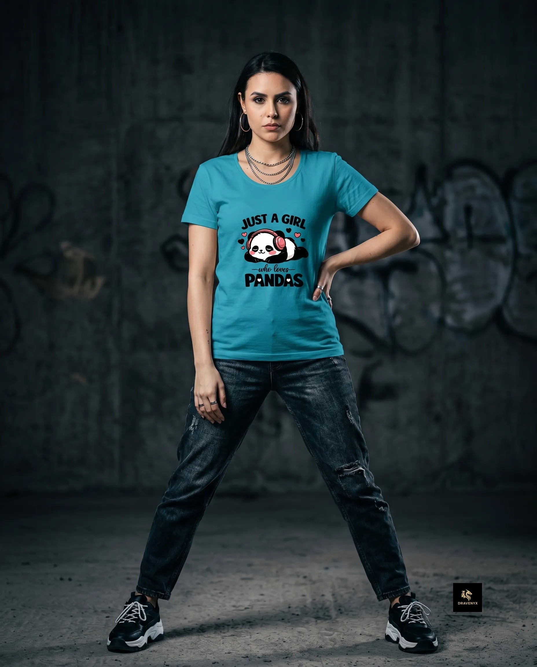 DRAVENYX® Panda Bliss Women's Classic T-Shirt in Sky Blue — regular fit half sleeve with kawaii panda DTF print graphic on front