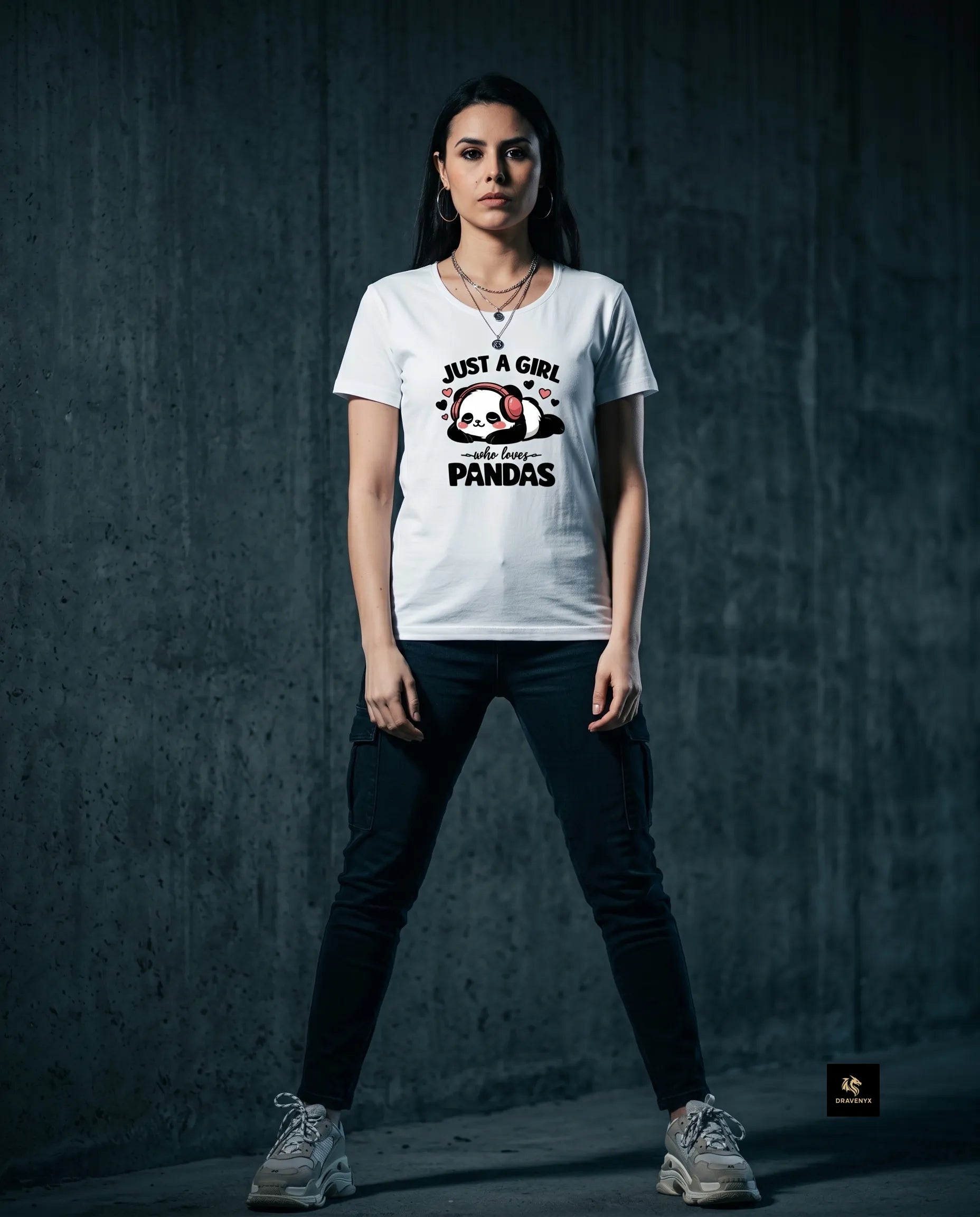 DRAVENYX® Panda Bliss Women's Classic T-Shirt in White — regular fit half sleeve with kawaii panda DTF print graphic on front