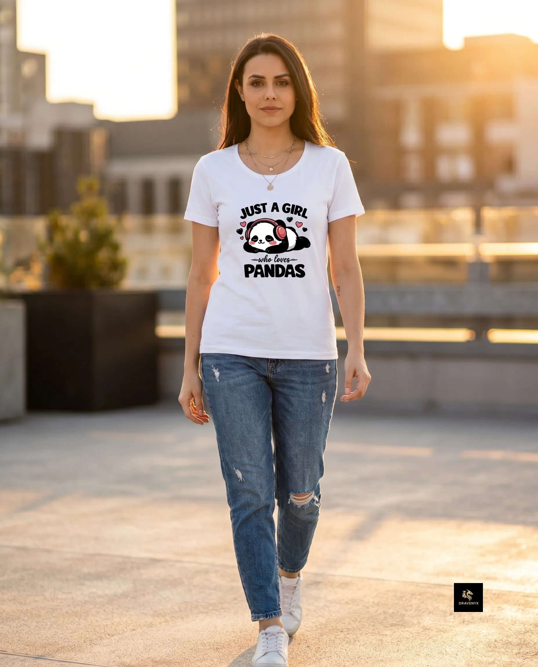DRAVENYX® Panda Bliss Women's Classic T-Shirt in White — regular fit half sleeve with kawaii panda DTF print graphic on front