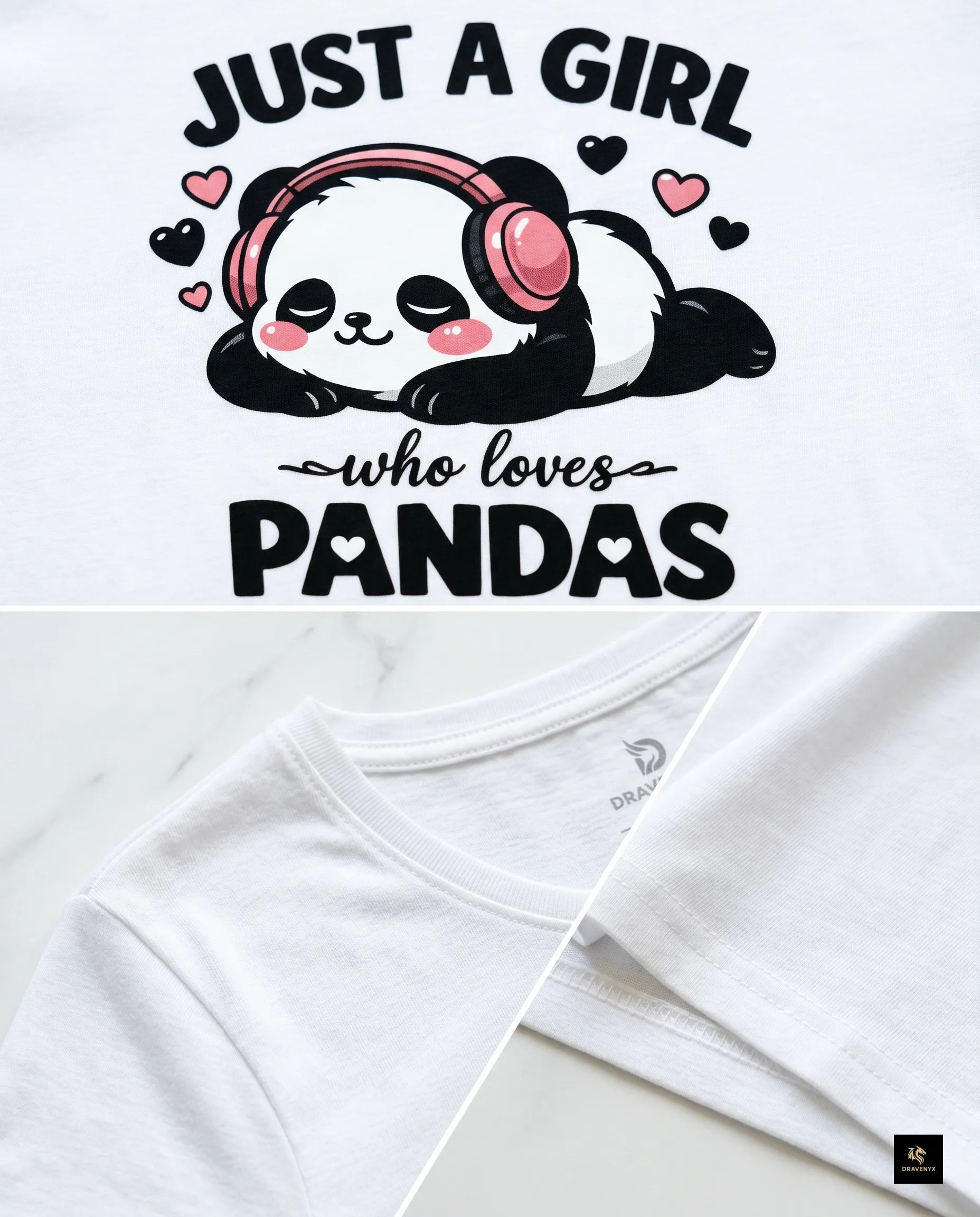 DRAVENYX® Panda Bliss Women's Classic T-Shirt in White — regular fit half sleeve with kawaii panda DTF print graphic on front