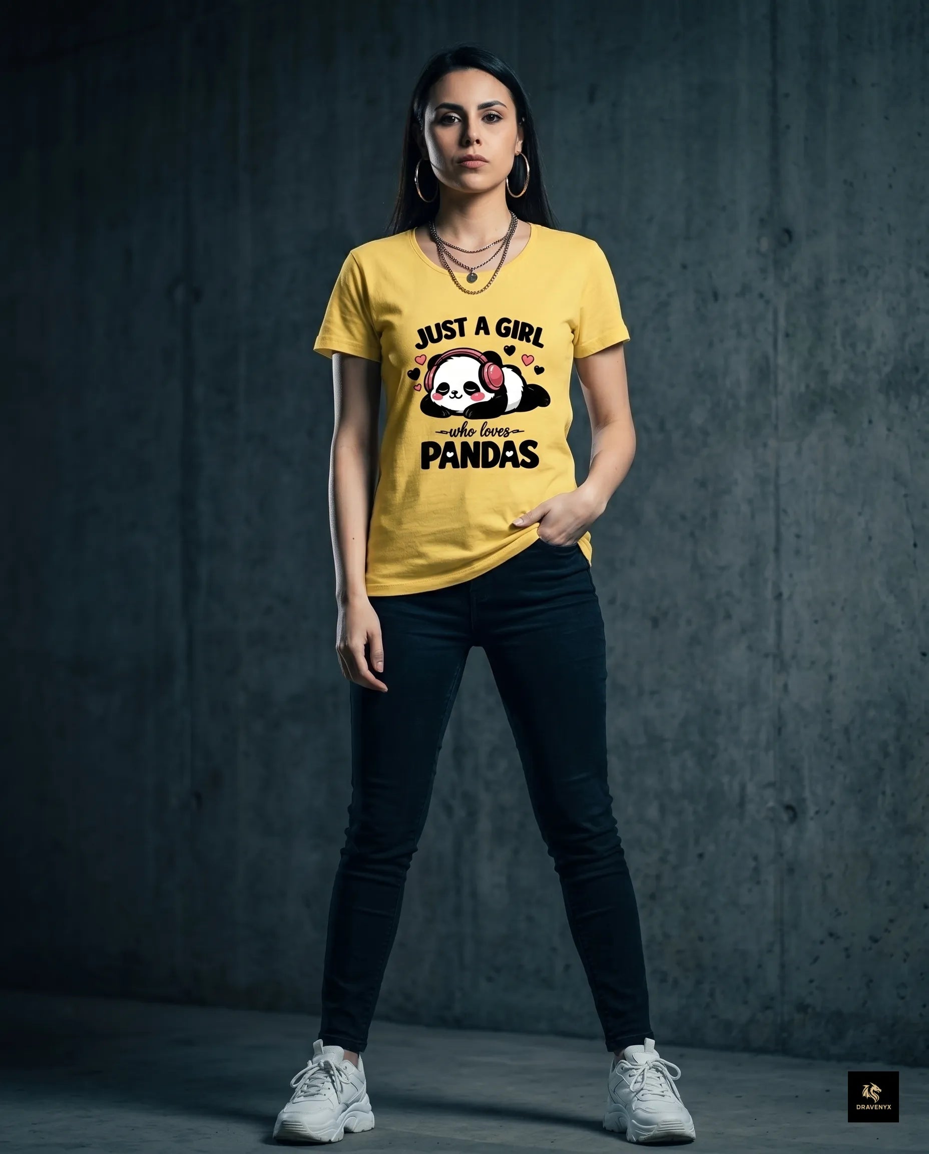 DRAVENYX® Panda Bliss Women's Classic T-Shirt in Yellow — regular fit half sleeve with kawaii panda DTF print graphic on front