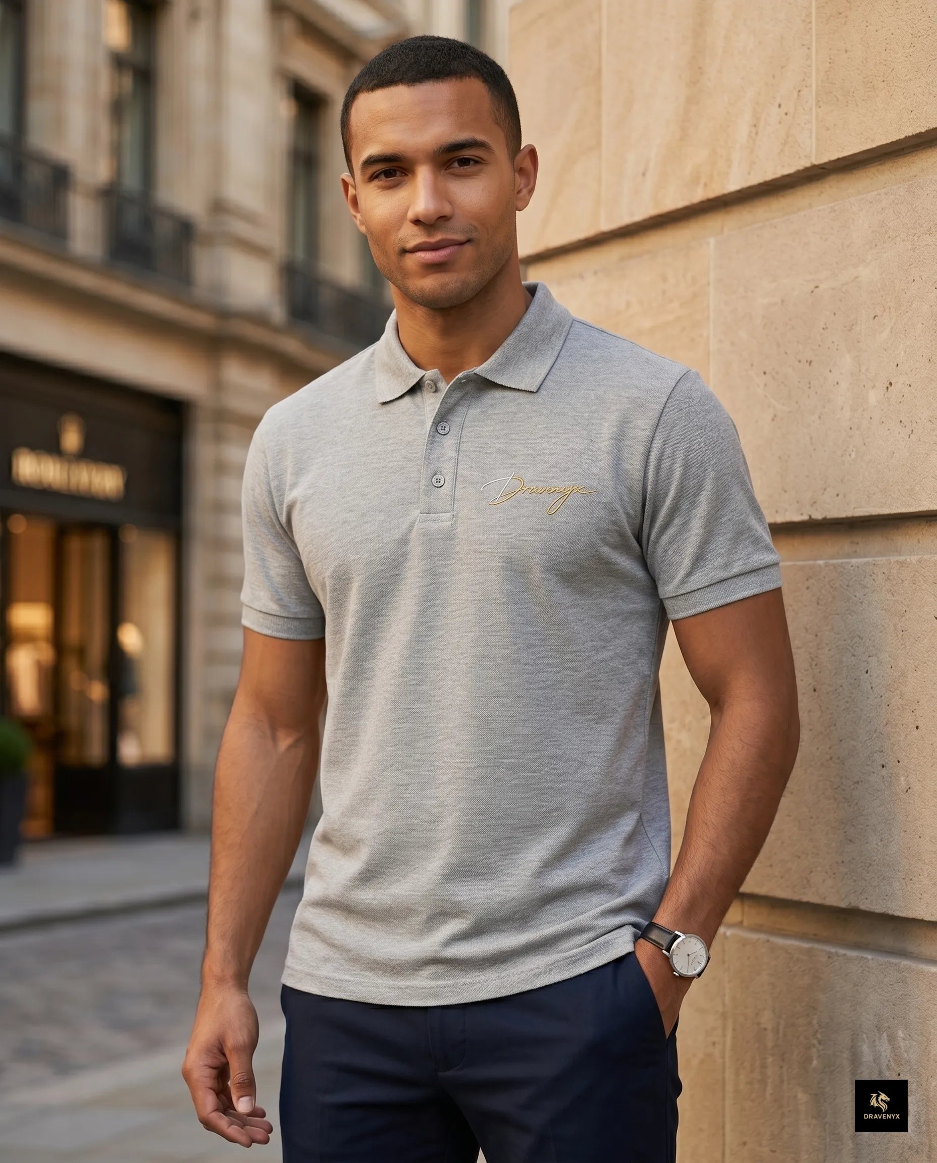 Signature Polo Tee in Grey Melange – premium embroidered cotton polo