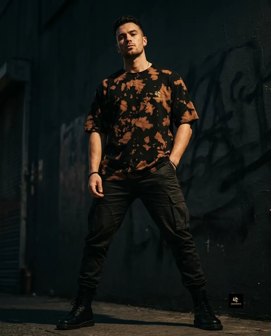 DRAVENYX Unisex Tie Dye Oversized T-Shirt in Brown Black — embroidered dragon logo, relaxed streetwear fit