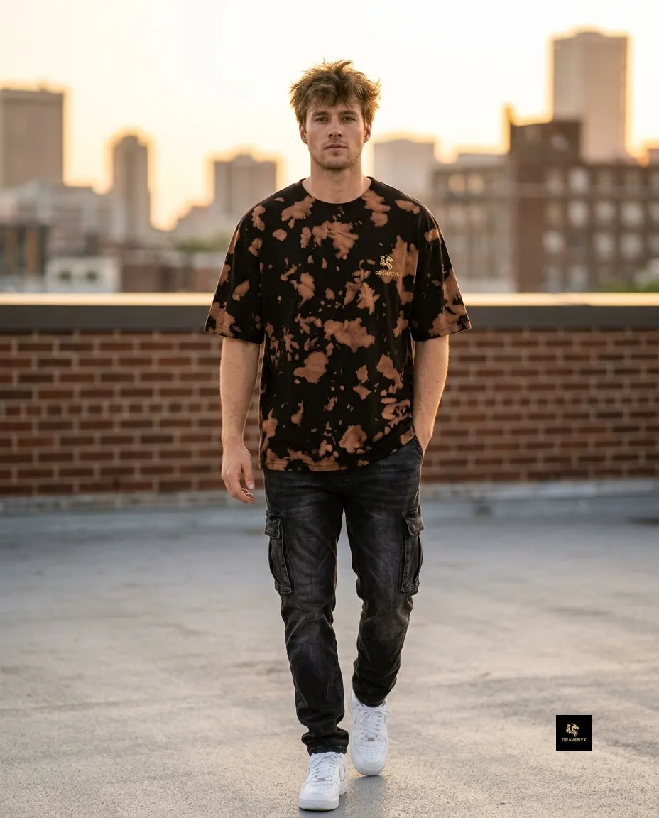 DRAVENYX Unisex Tie Dye Oversized T-Shirt in Brown Black — embroidered dragon logo, relaxed streetwear fit