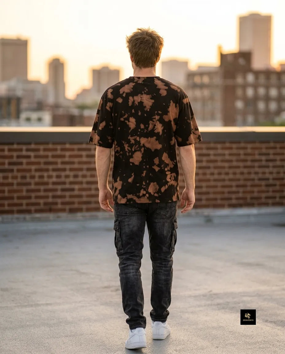 DRAVENYX Unisex Tie Dye Oversized T-Shirt in Brown Black — embroidered dragon logo, relaxed streetwear fit