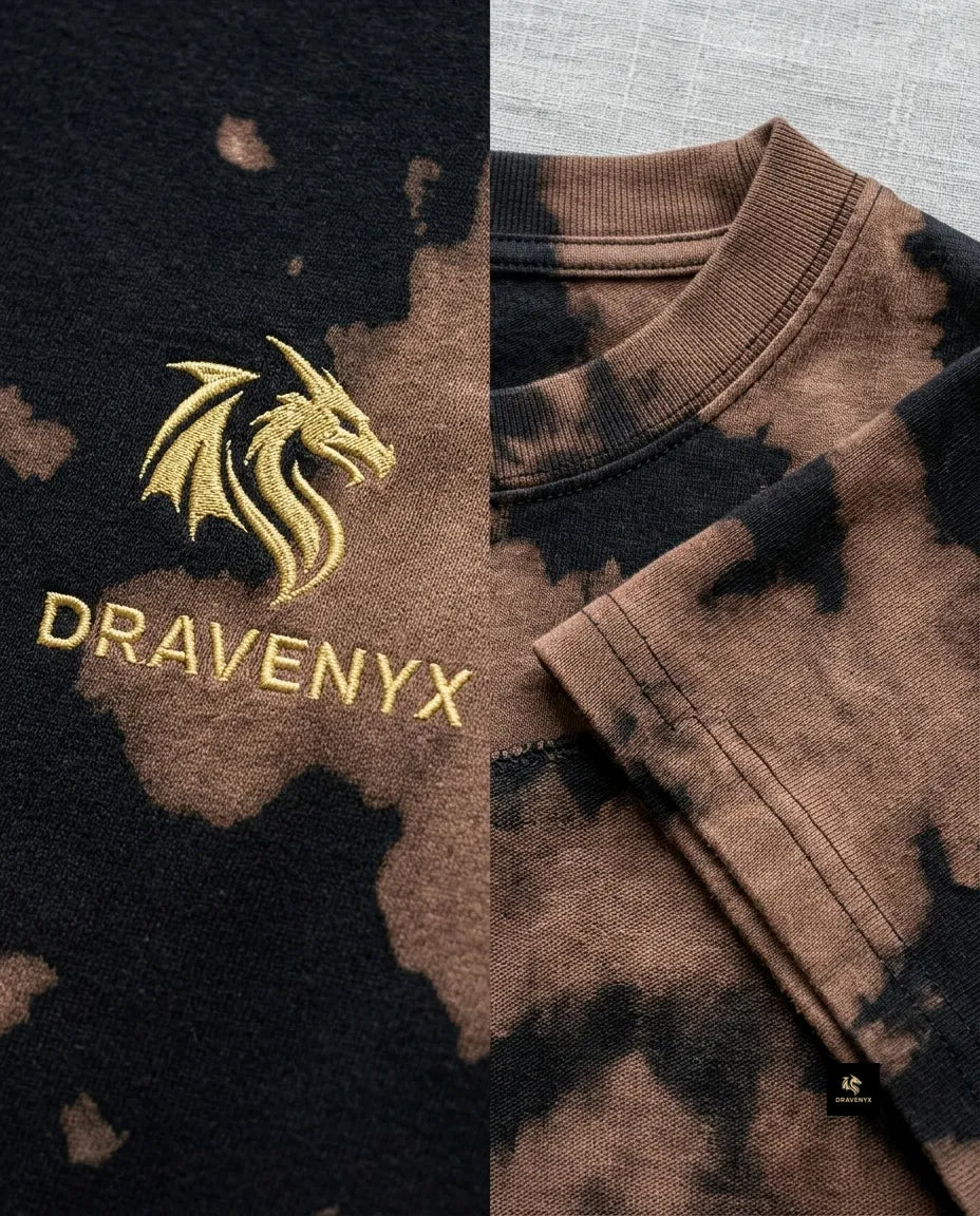 DRAVENYX Unisex Tie Dye Oversized T-Shirt in Brown Black — embroidered dragon logo, relaxed streetwear fit