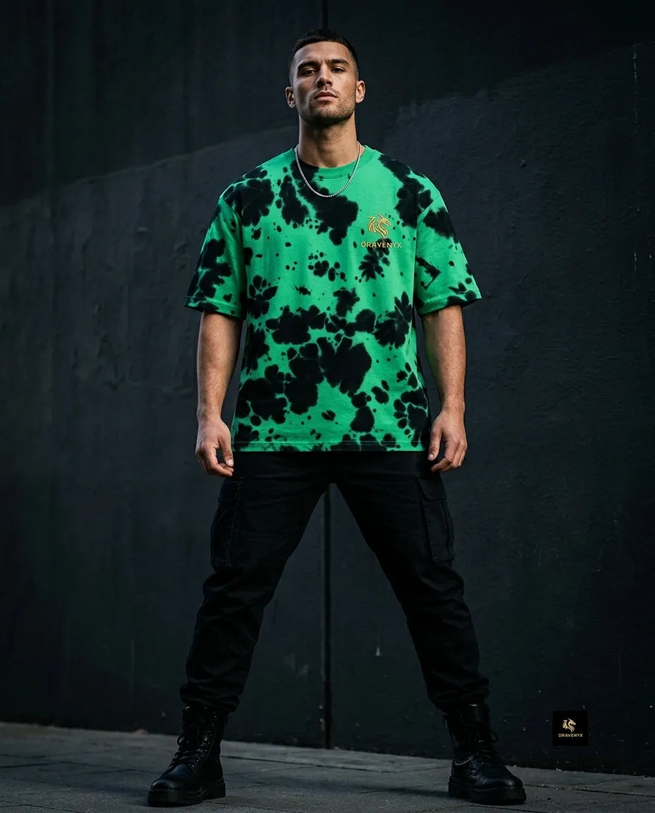 DRAVENYX Unisex Tie Dye Oversized T-Shirt in Green Black — embroidered dragon logo, relaxed streetwear fit