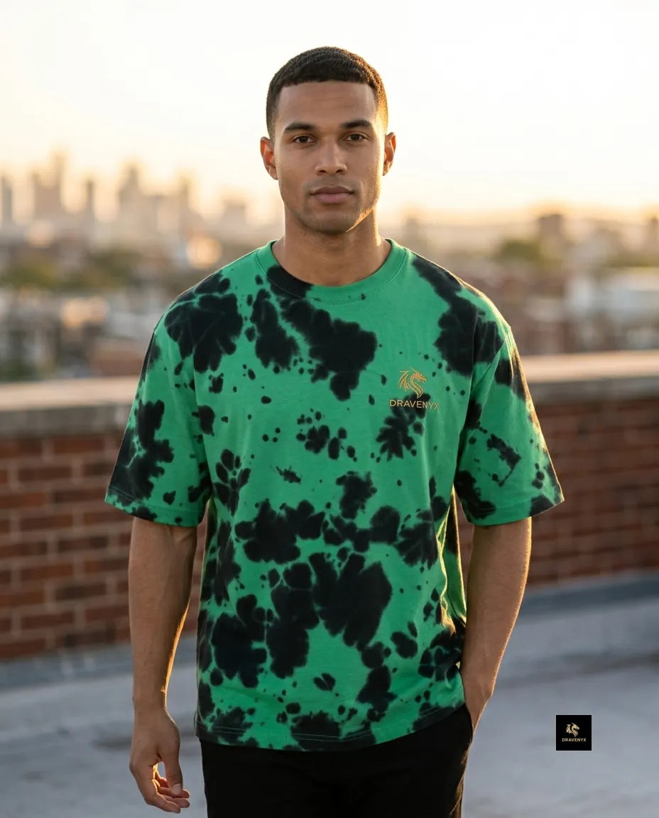 DRAVENYX Unisex Tie Dye Oversized T-Shirt in Green Black — embroidered dragon logo, relaxed streetwear fit
